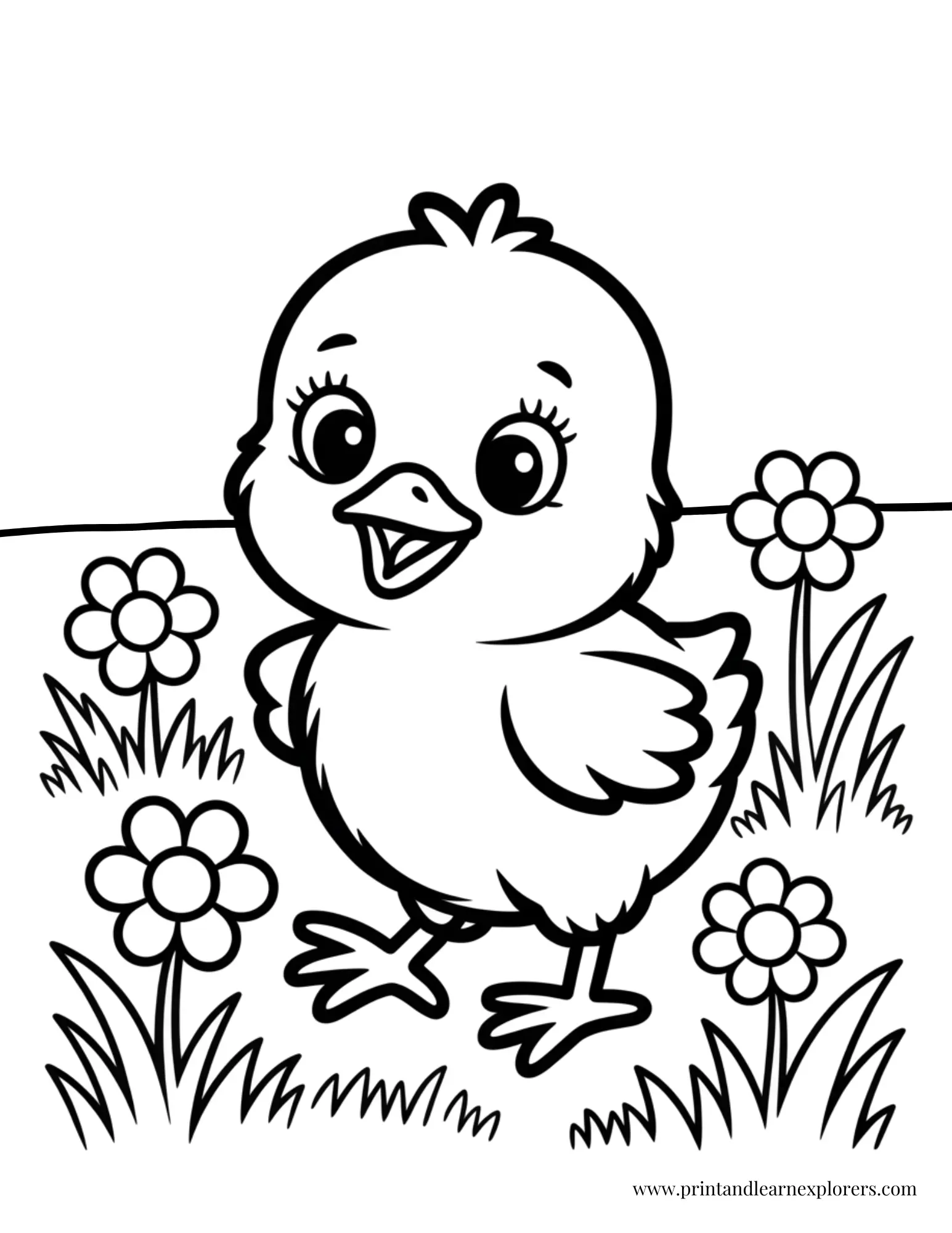 Chick Standing In The Flowers Coloring Page