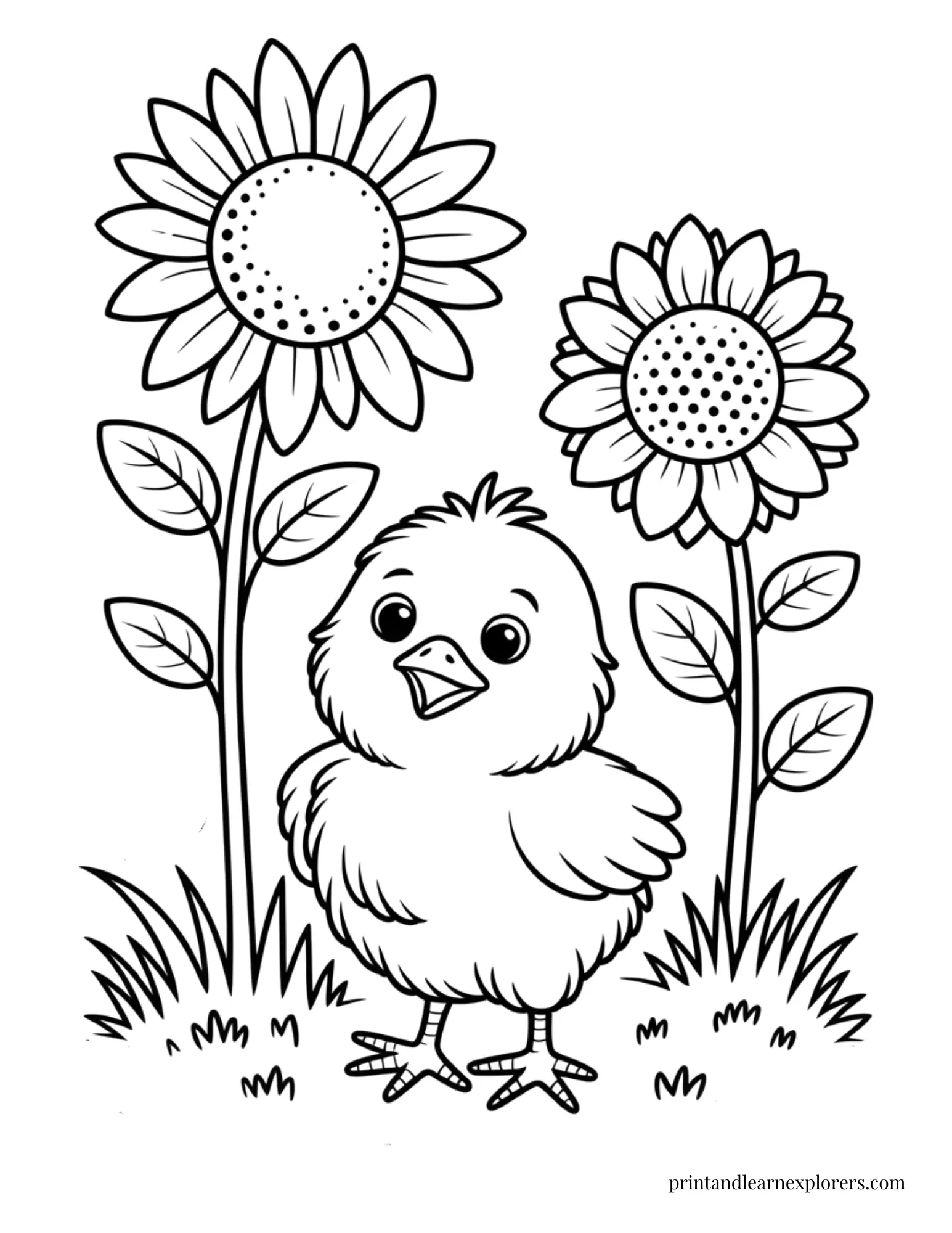 Chick and sunflowers coloring page