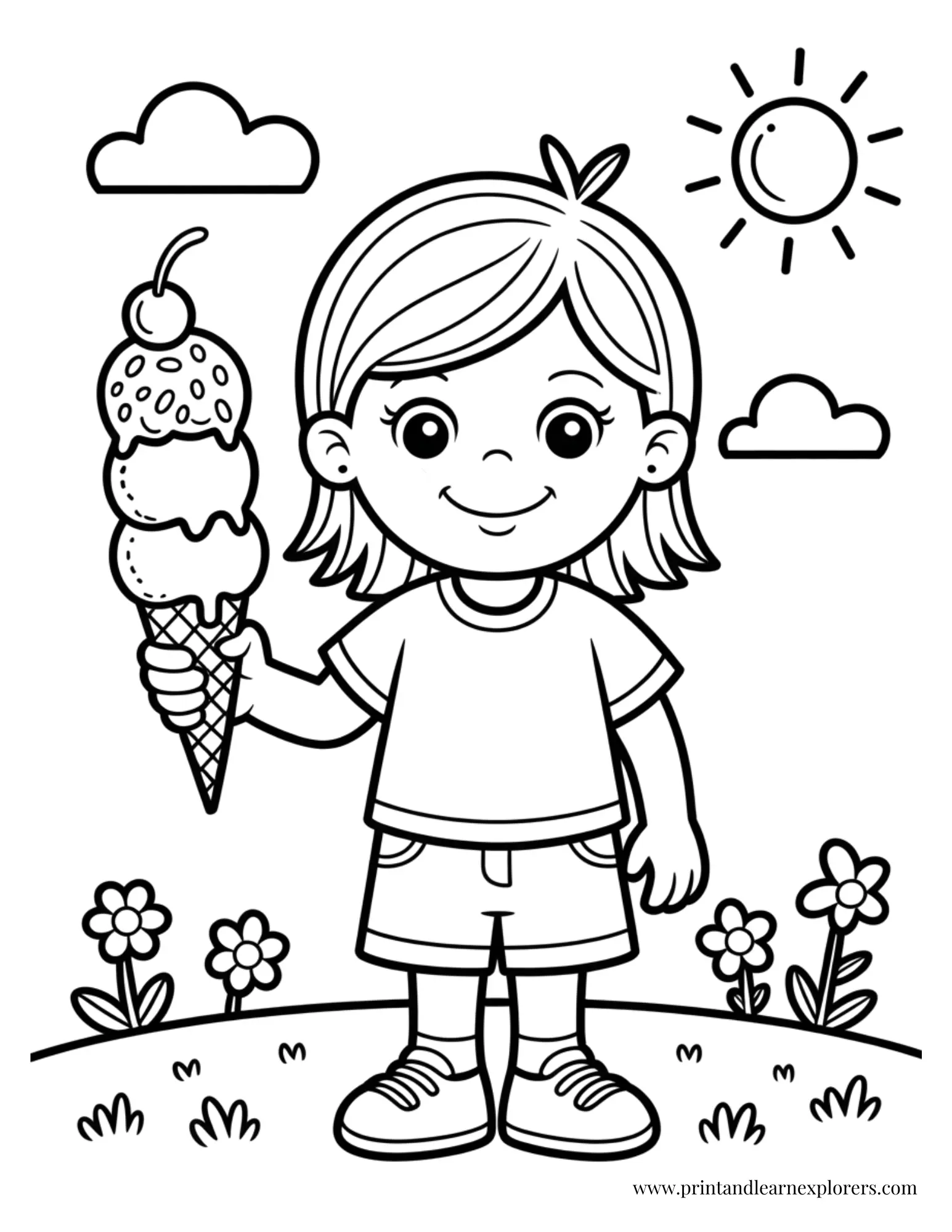 Child with Triple Scoop Ice Cream Cone Coloring Page