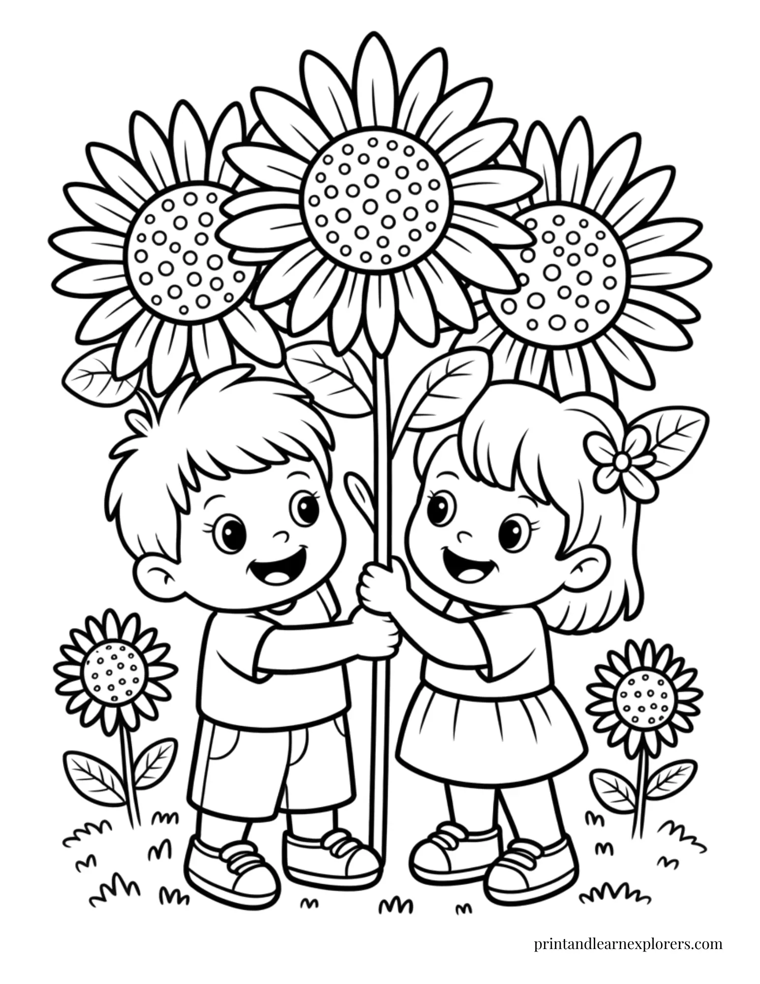Children with tall sunflowers coloring page