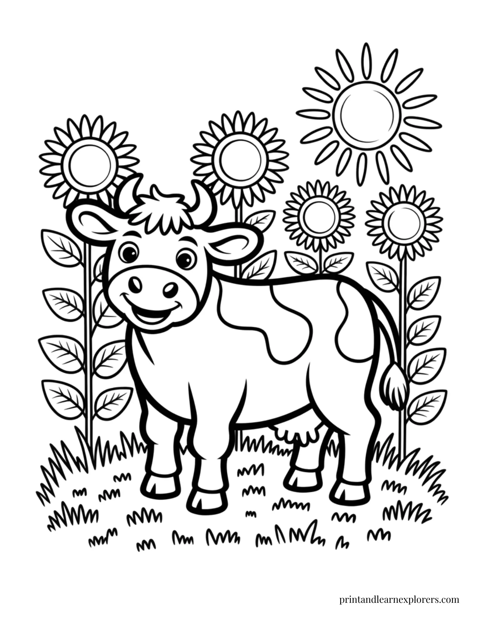 Cow in the sunflower field coloring page