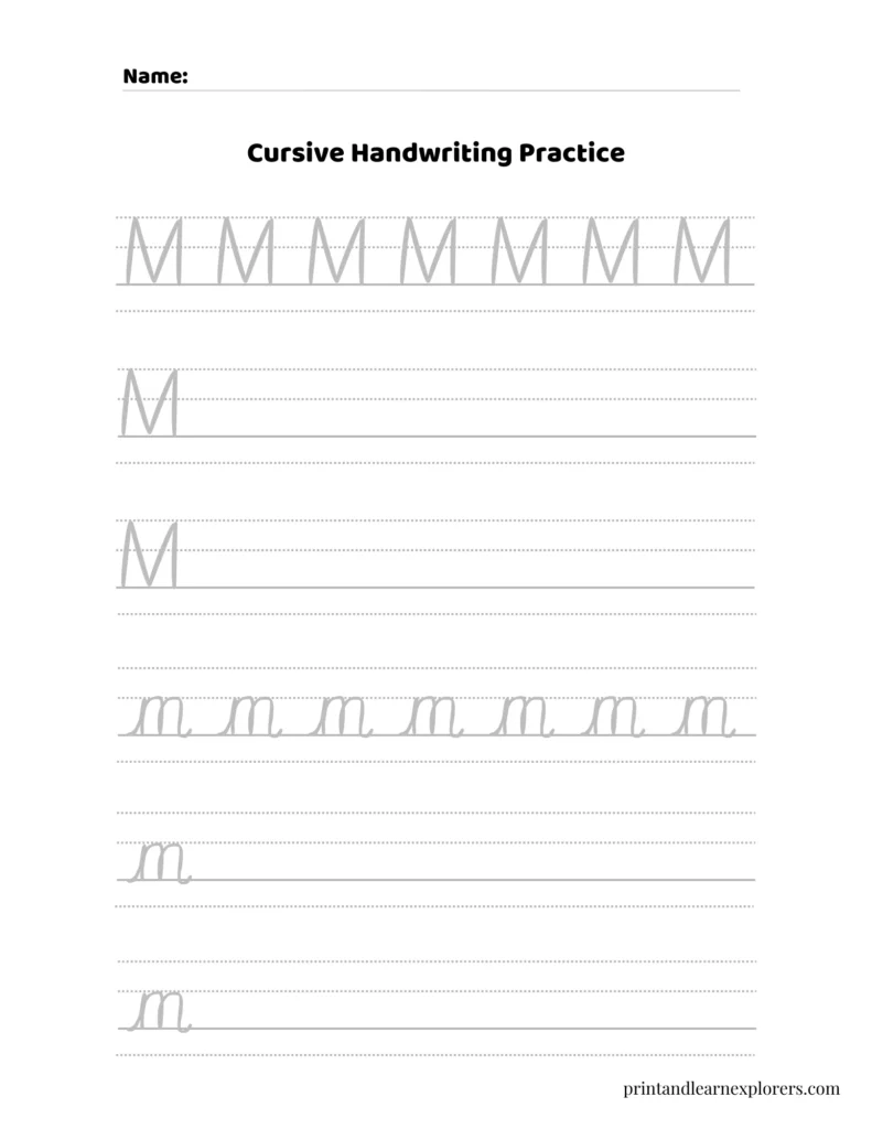 Cursive writing letter M worksheet