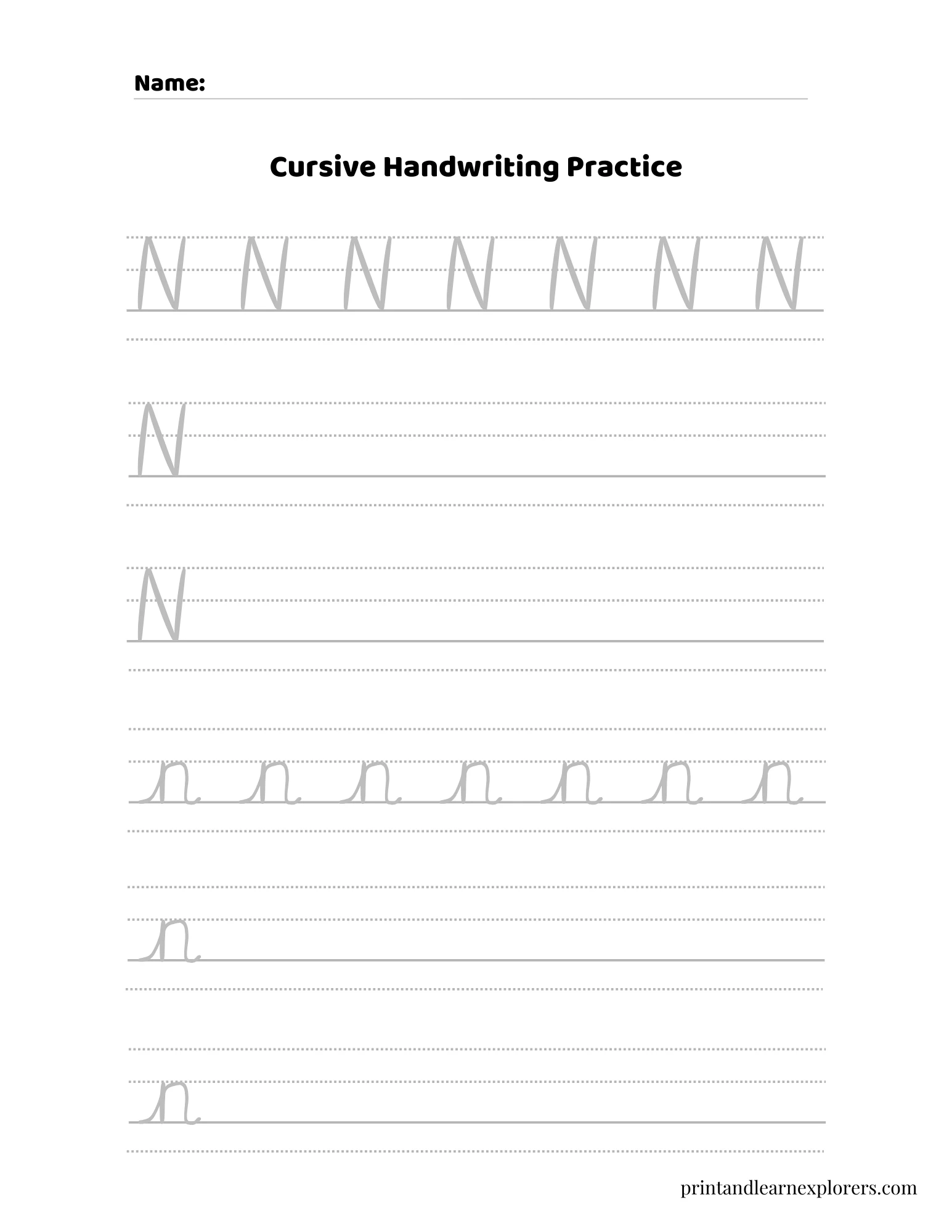 Cursive Writing Letter N Worksheet
