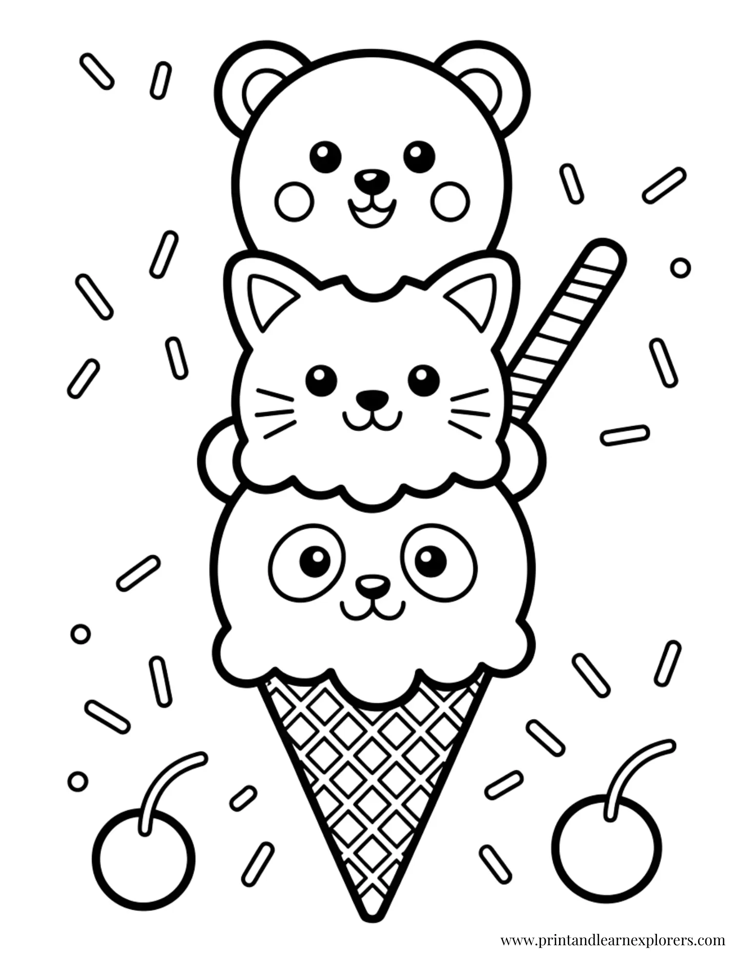 Cute Animals Ice Cream Stack Coloring Page