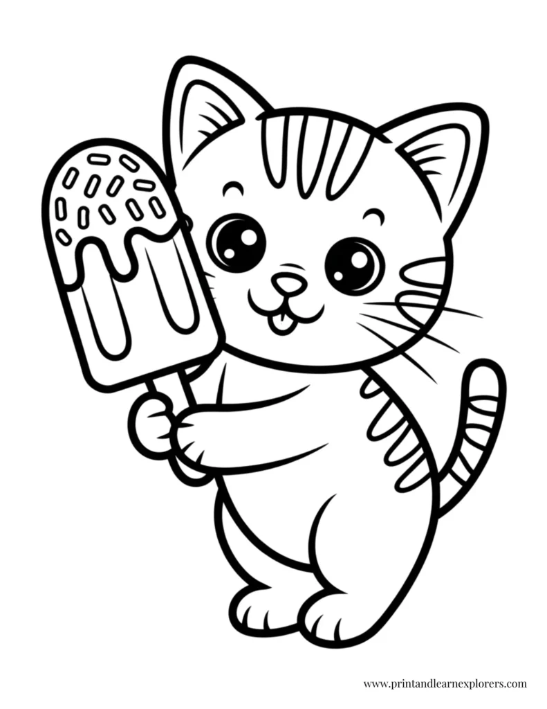 Cute Cat with Ice Pop Coloring Page