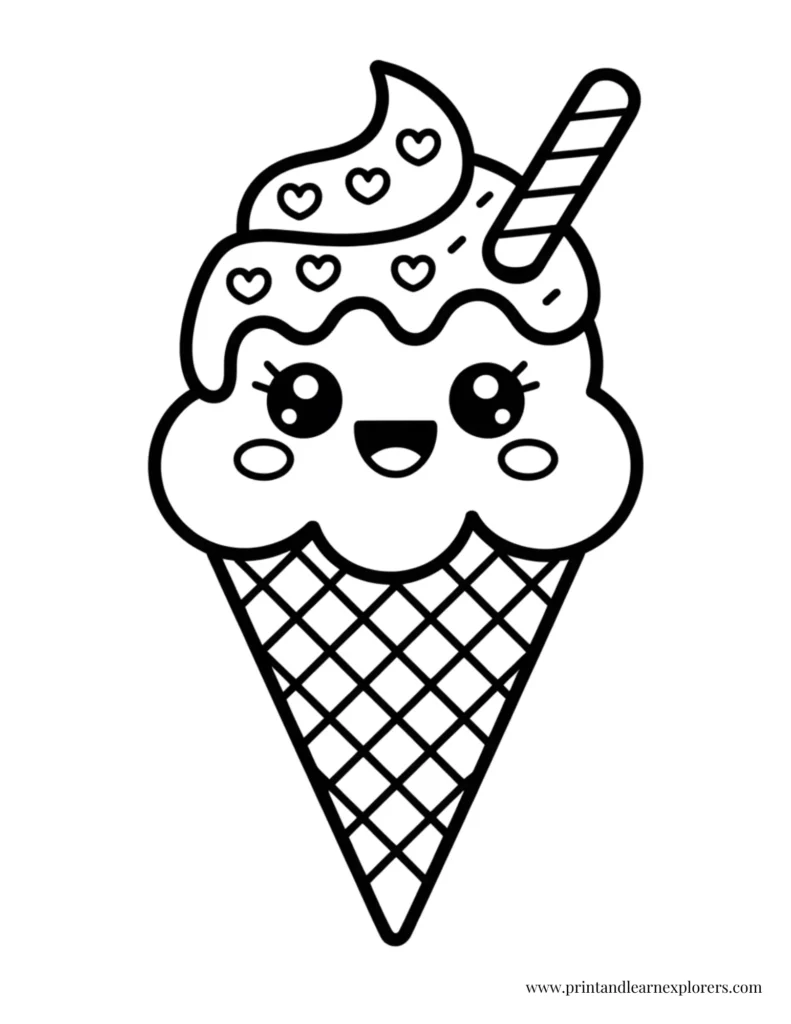Cute Happy Kawaii Ice Cream Cone Coloring Page