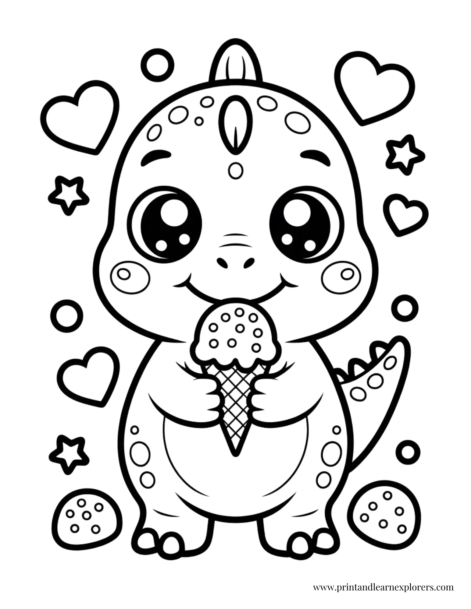 Cute dinosaur Eating Ice Cream Coloring Page