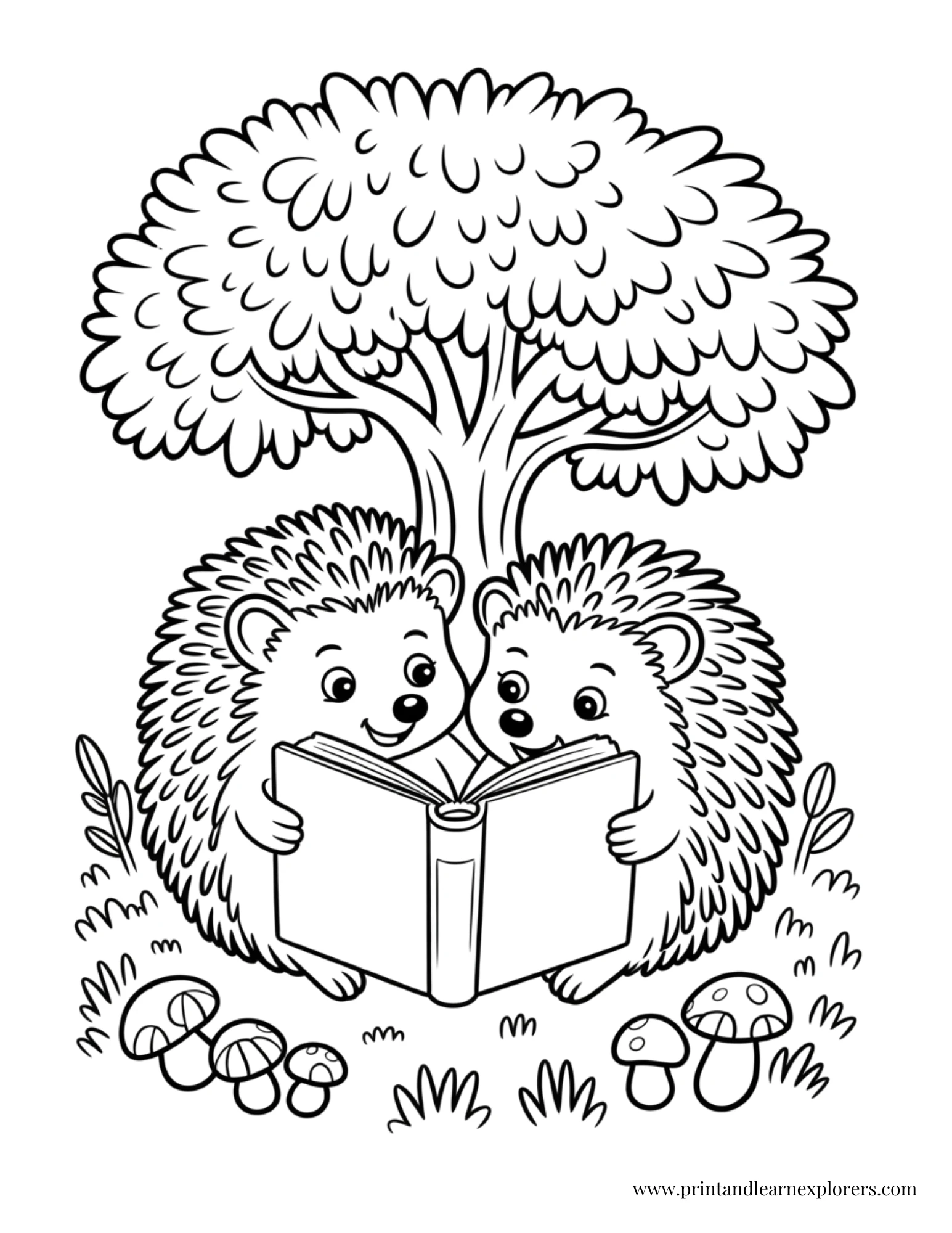 Cute hedgehog friends coloring page reading book