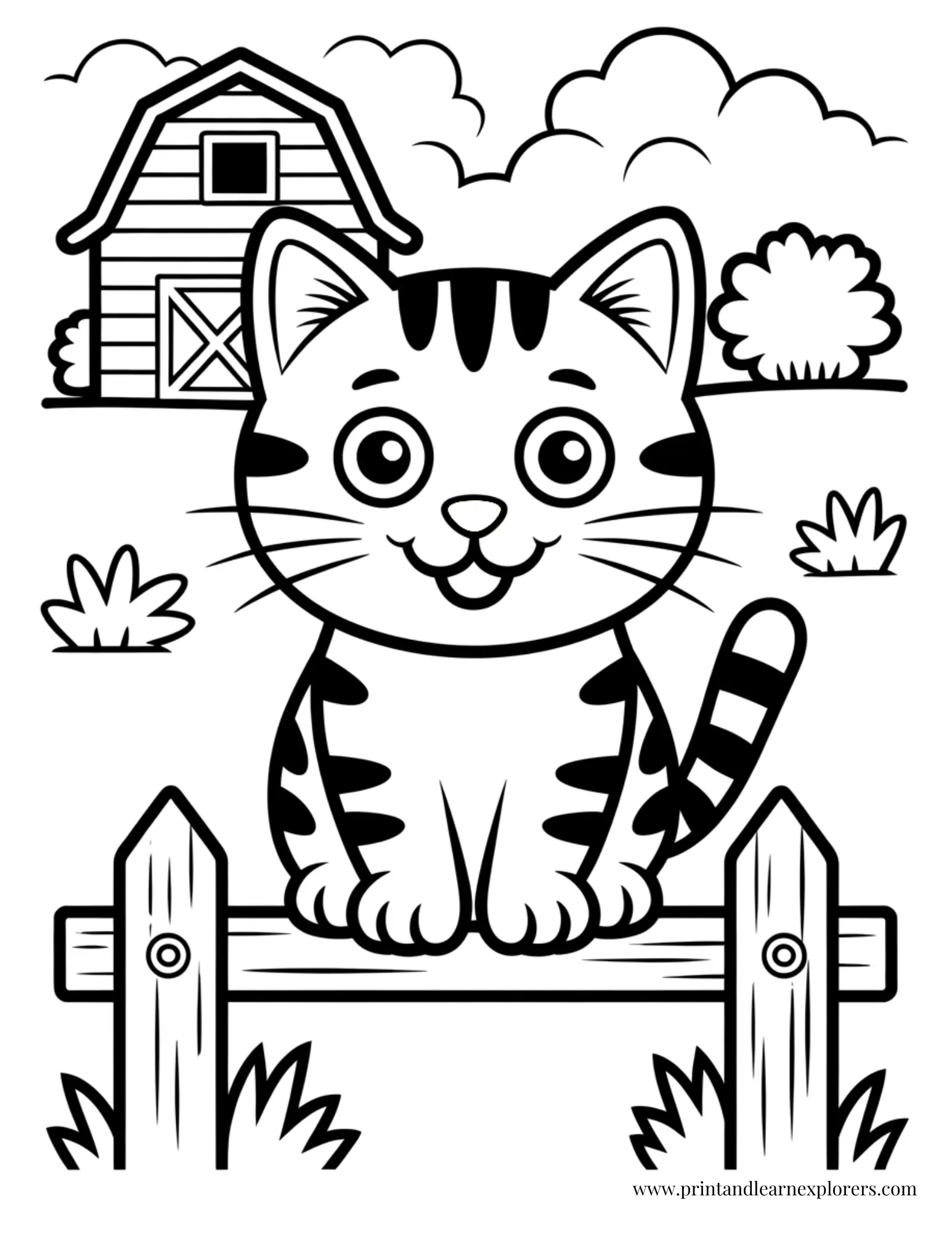 Farm Cat Sitting On Fence Coloring Page