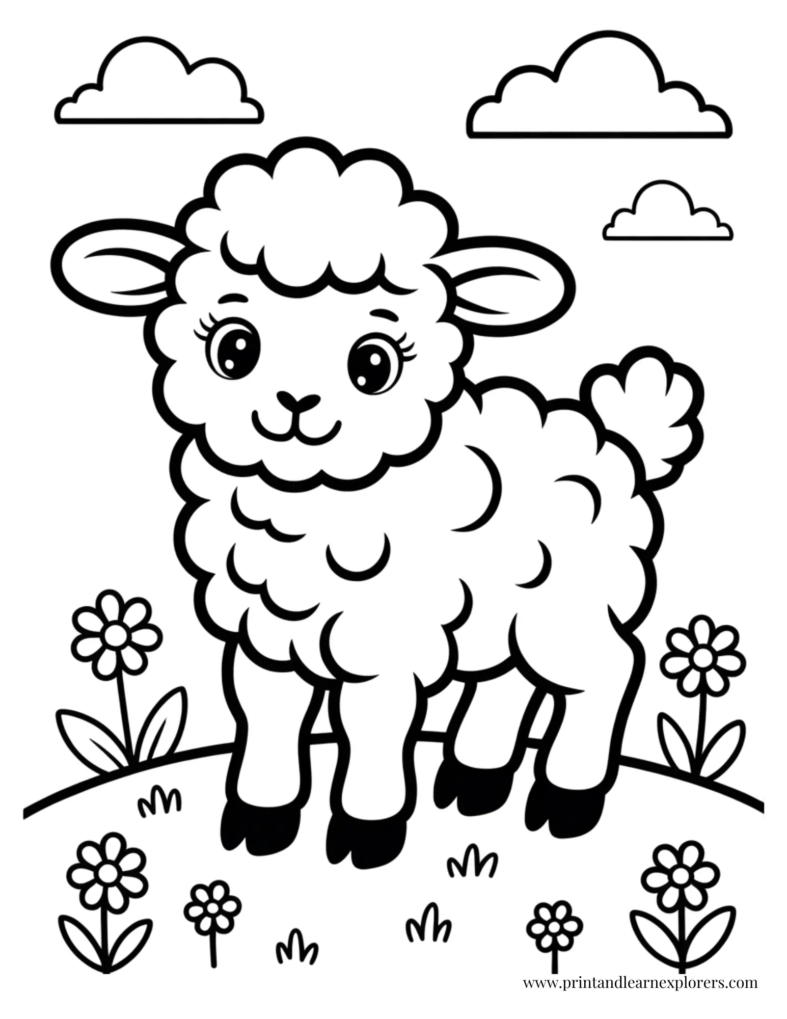 Fluffy Lamb In Meadow Coloring Page
