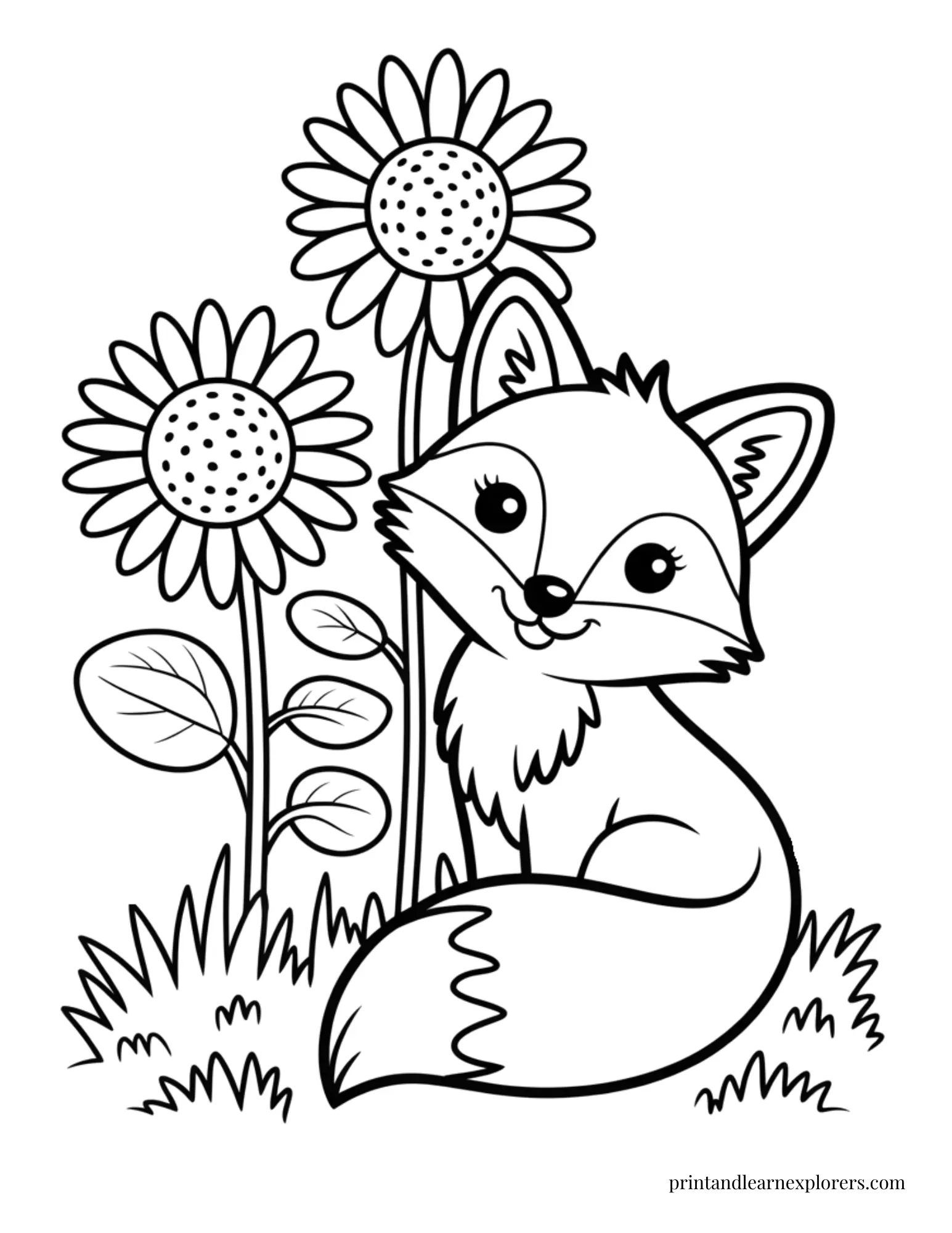 Fox among the sunflowers coloring page