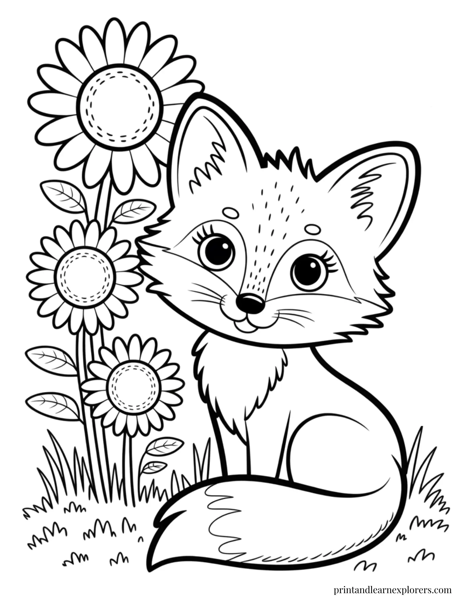 Fox by the sunflowers coloring page