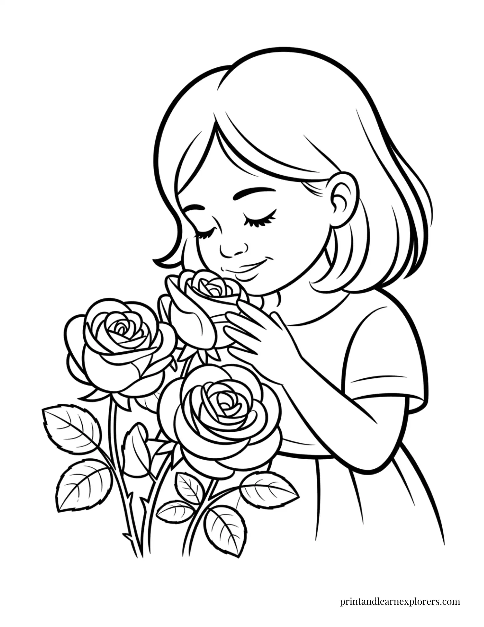 Girl Smelling the Roses Coloring Page