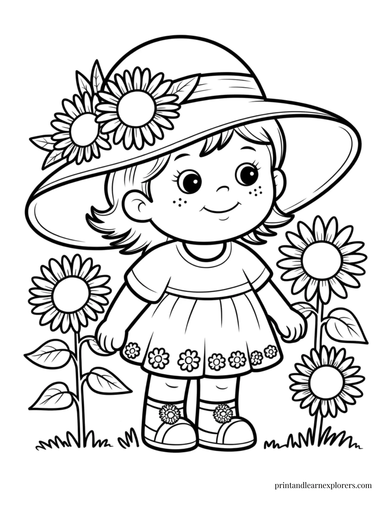 Girl in hat with sunflowers coloring page