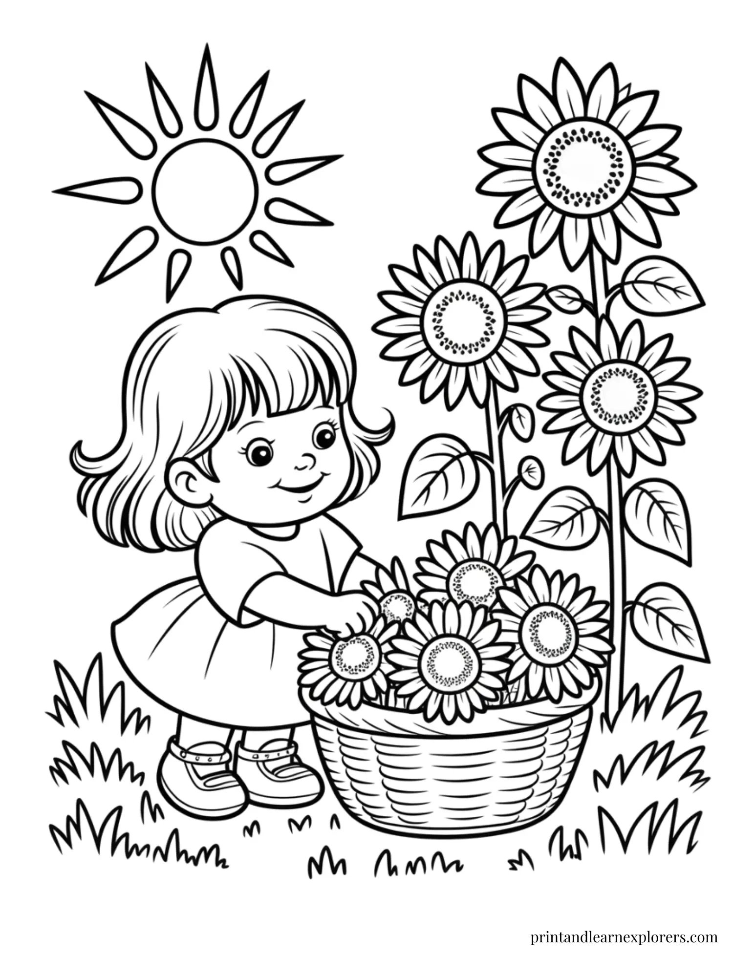 Girl picking sunflowers coloring page