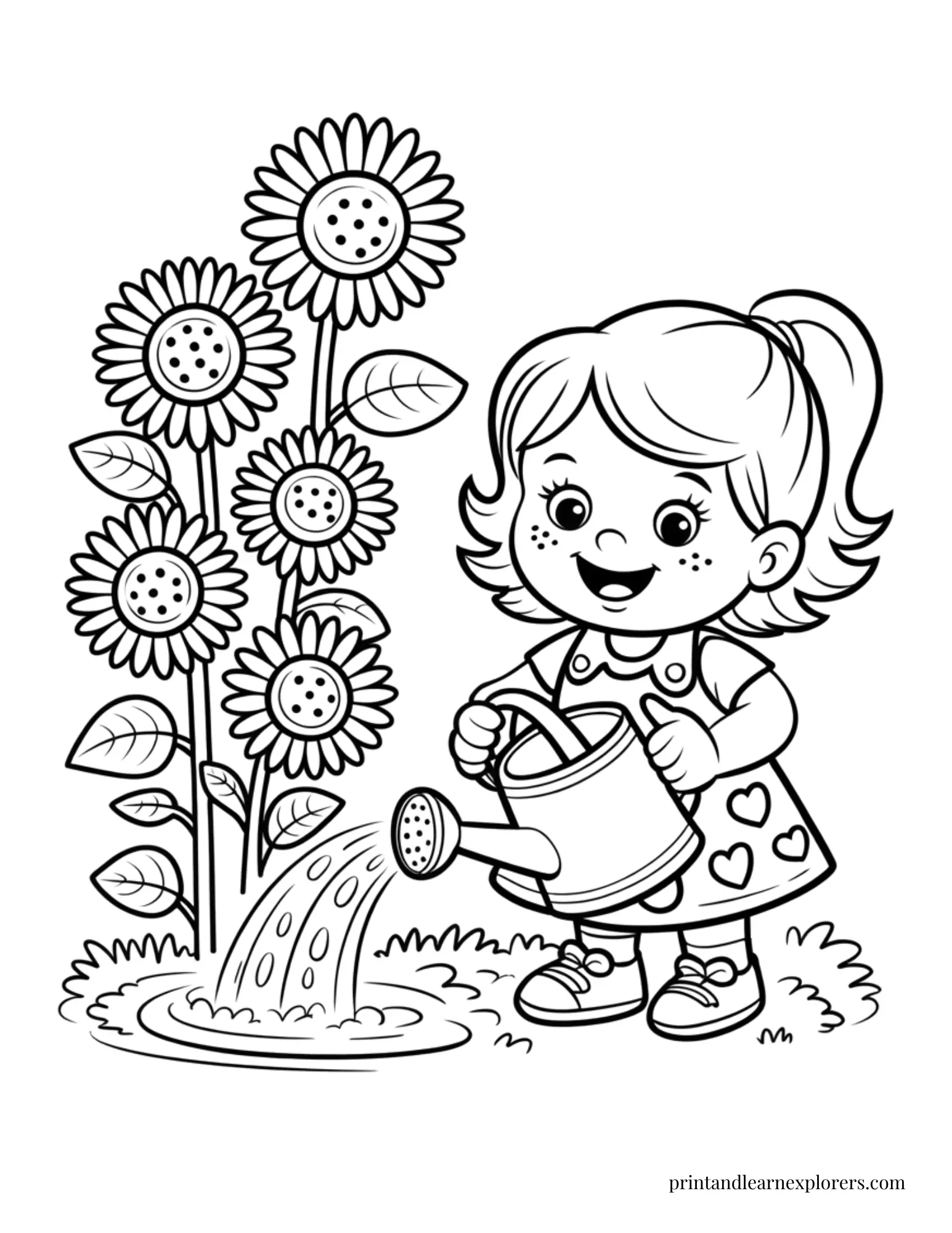 Girl watering the sunflowers coloring page