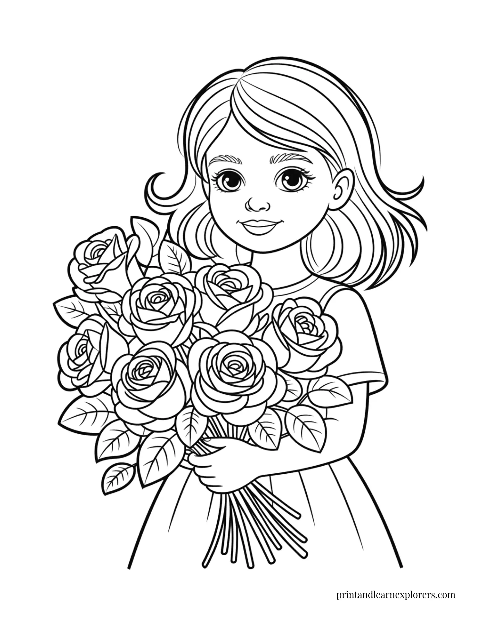 Girl with Bouquet of Roses Coloring Page