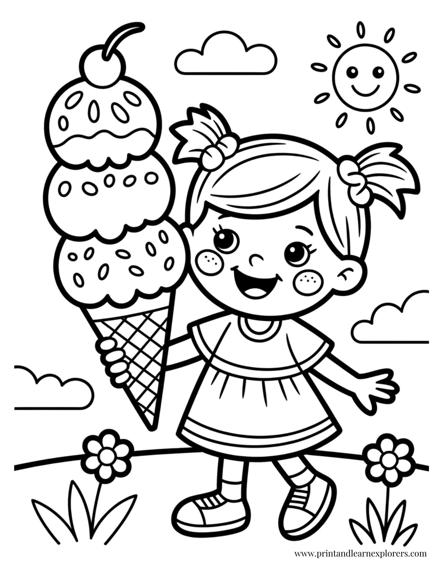 Girl with Giant Ice Cream Cone Coloring Page
