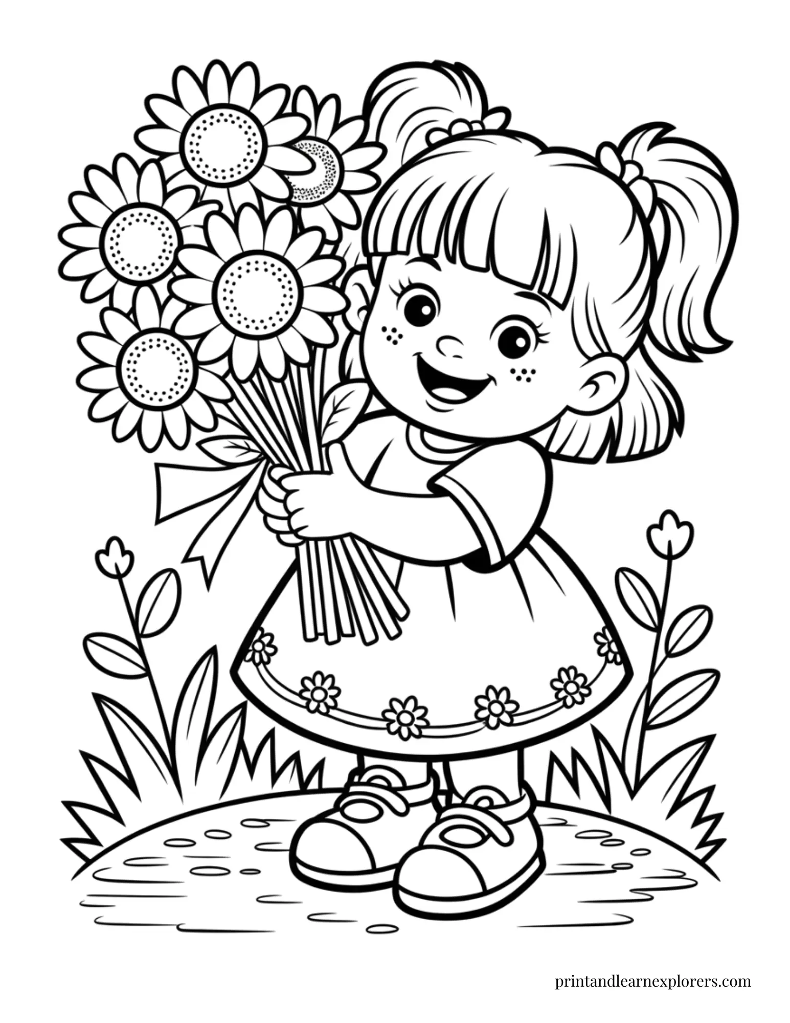 Girl with bunch of sunflowers coloring page