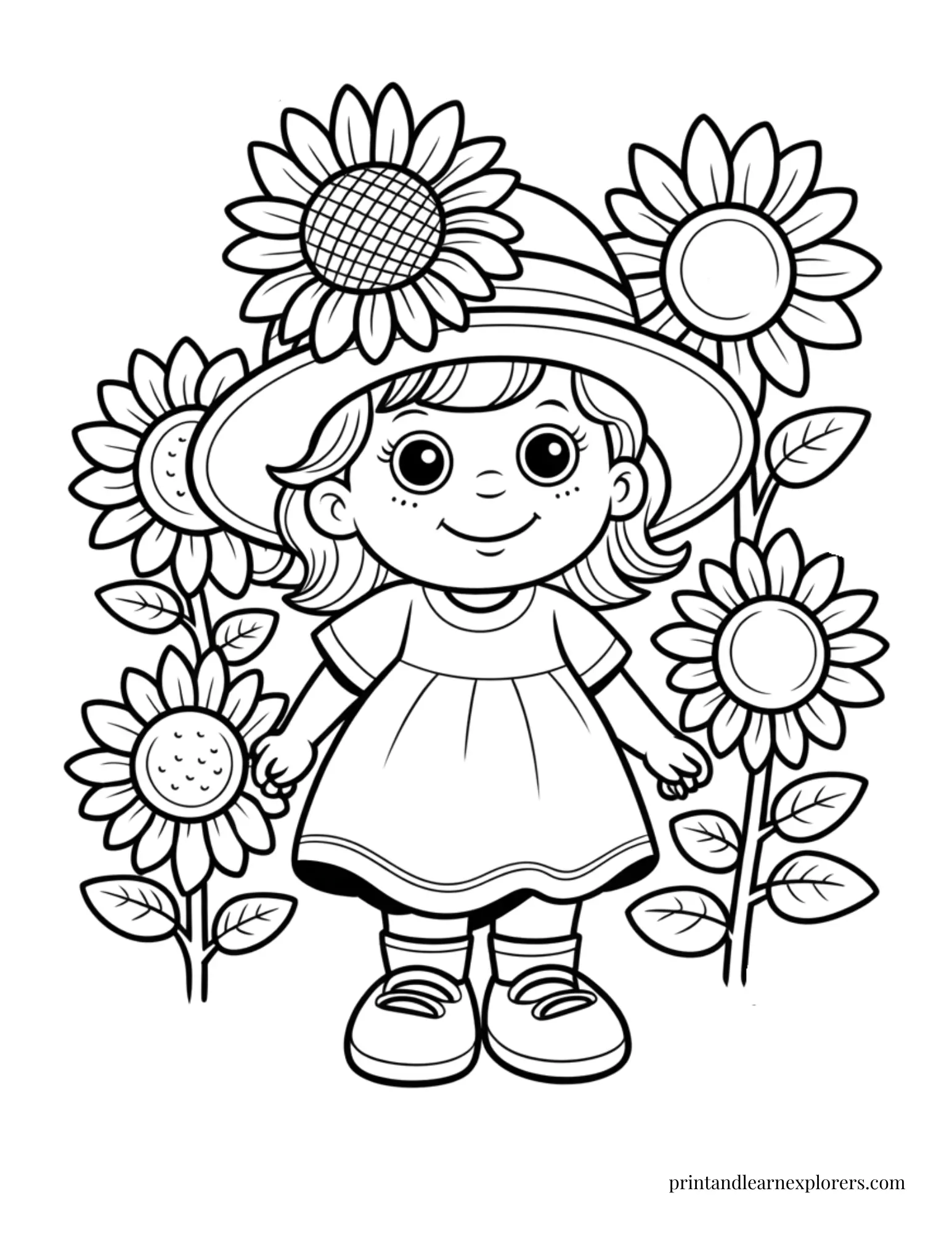 Girl with sunflower hat coloring page