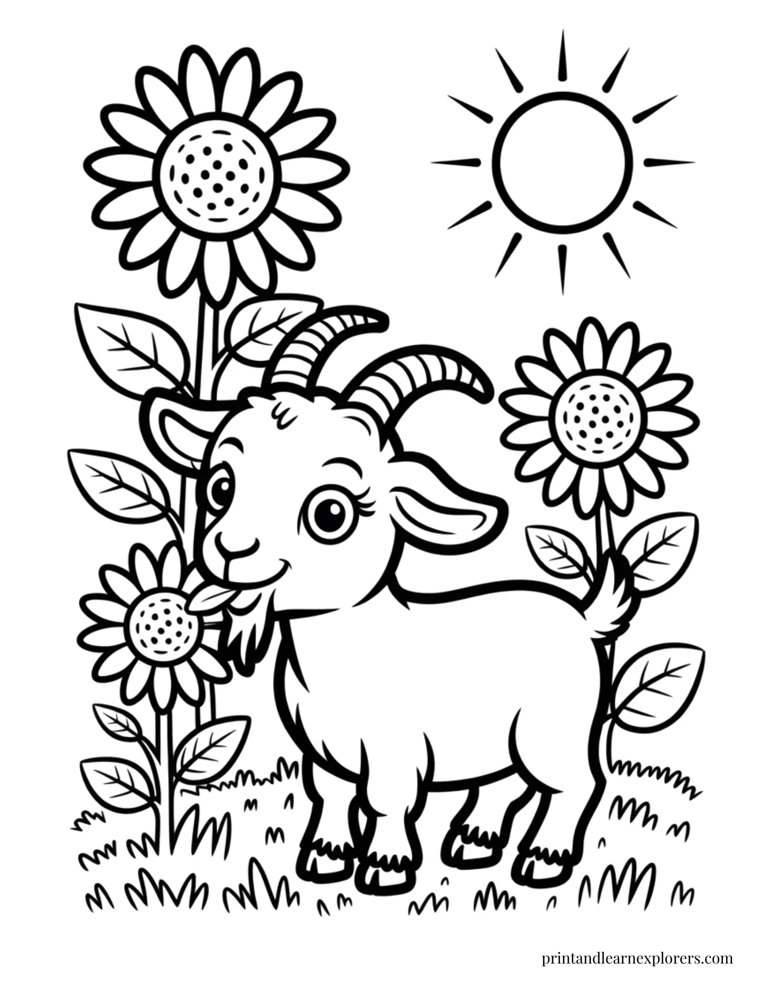 Goat eating a sunflower coloring page