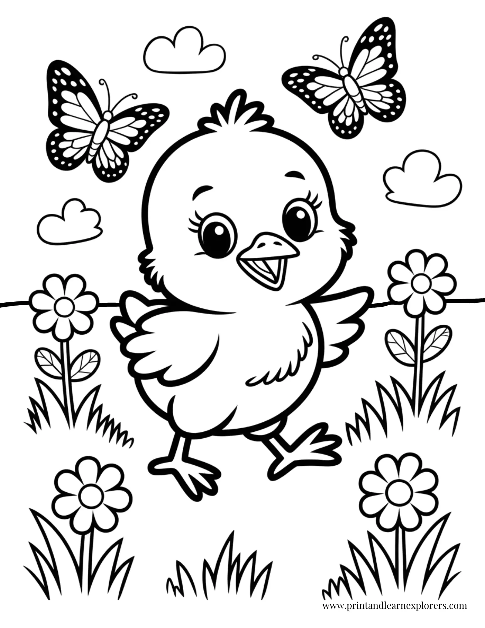 Happy Chick With Butterflies Coloring Page