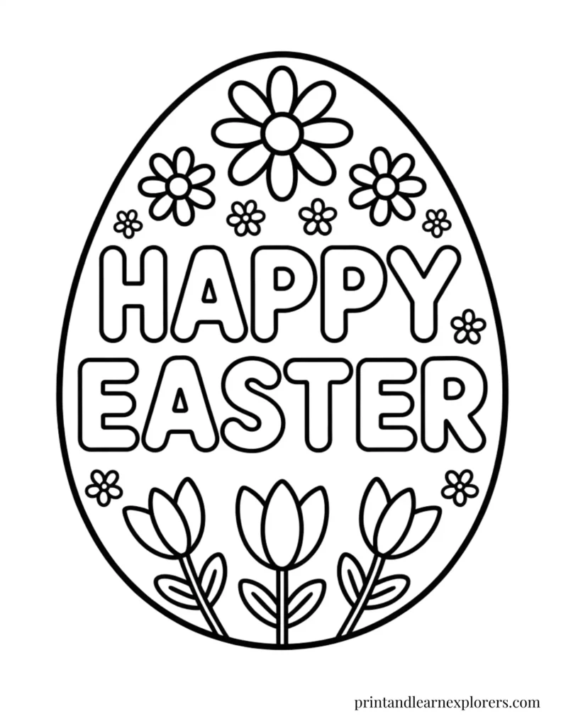 Happy Easter Egg Coloring Page With Flowers