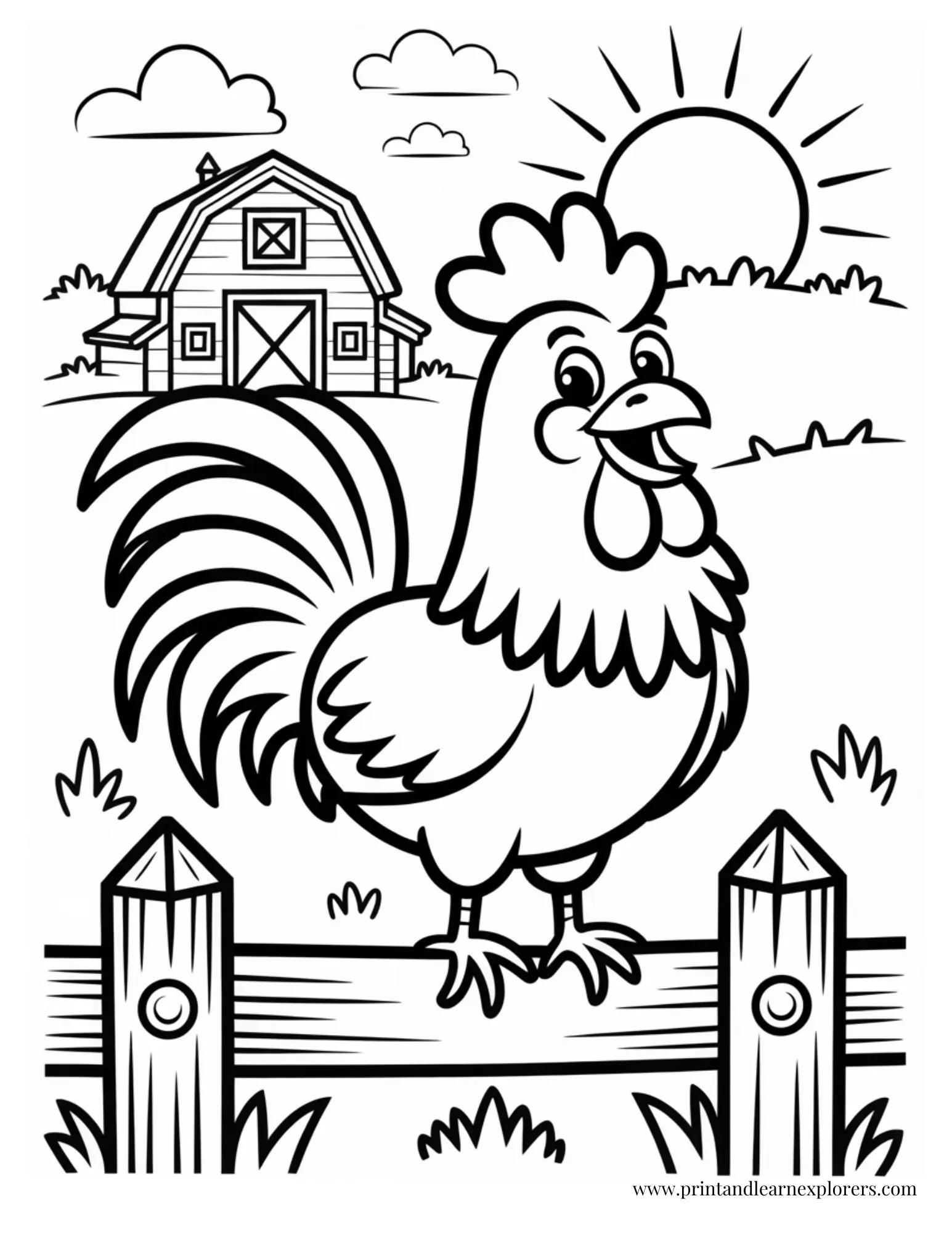 Happy Rooster At Sunrise Coloring Page