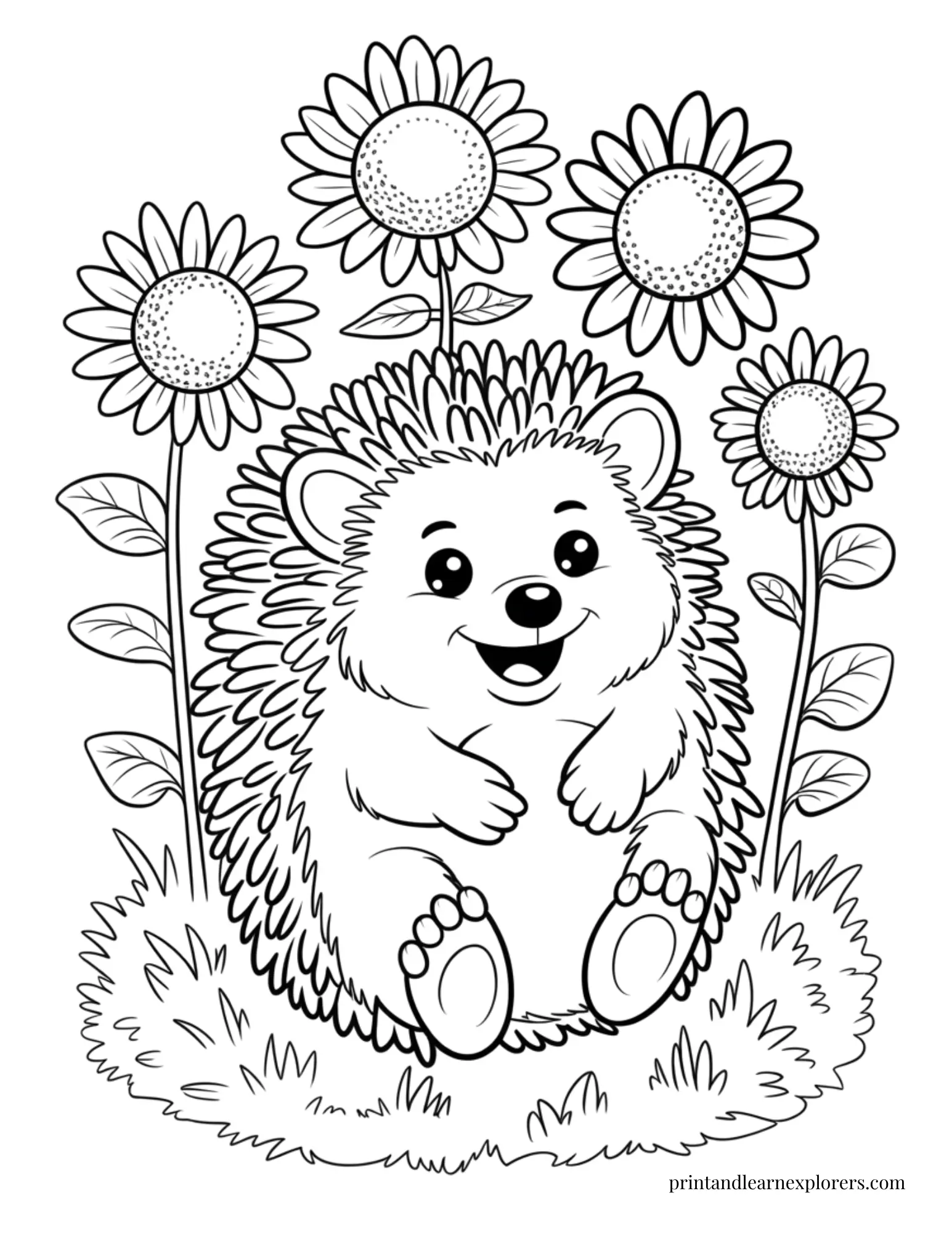 Hedgehog among the sunflowers coloring page