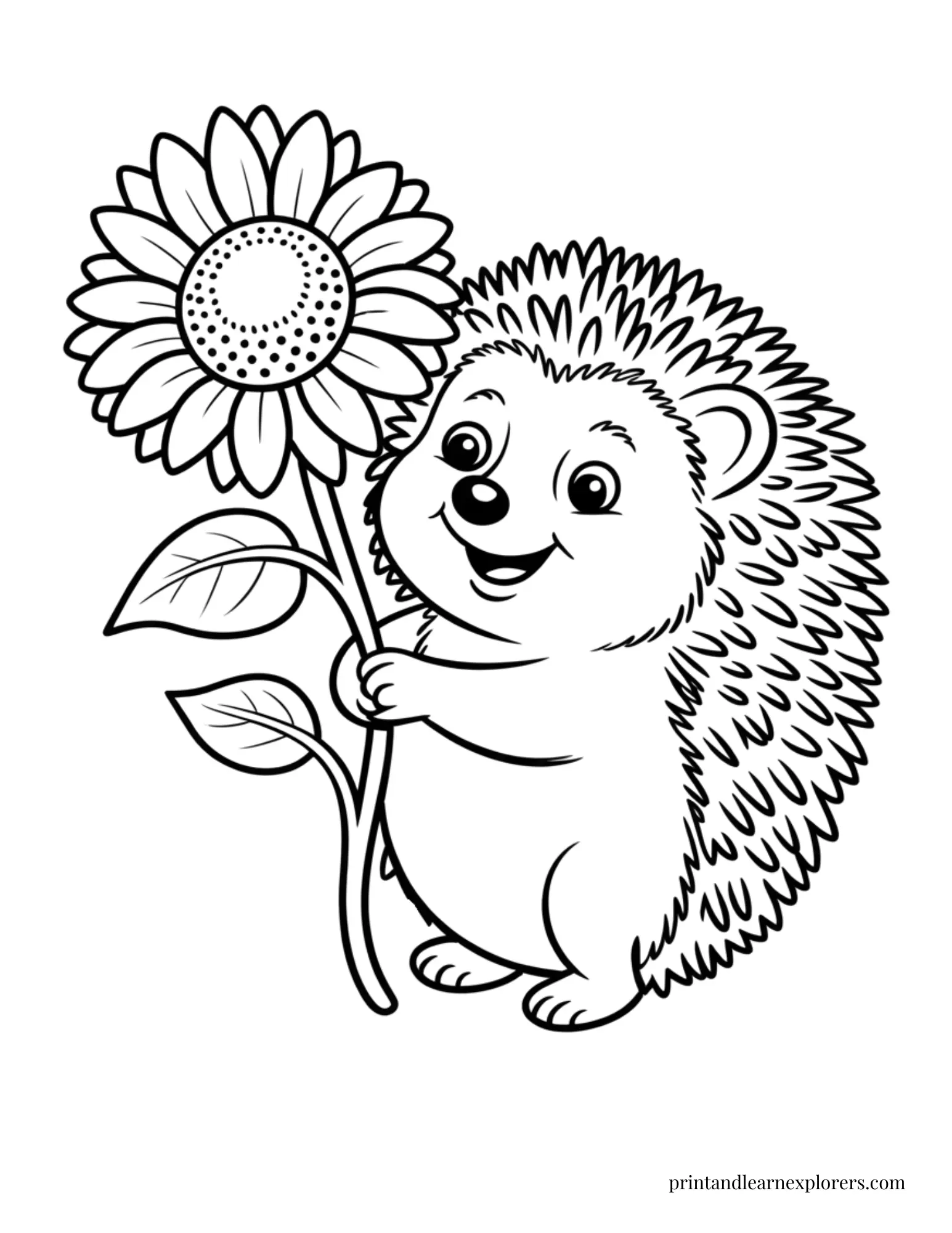 Hedgehog holding a sunflower coloring page