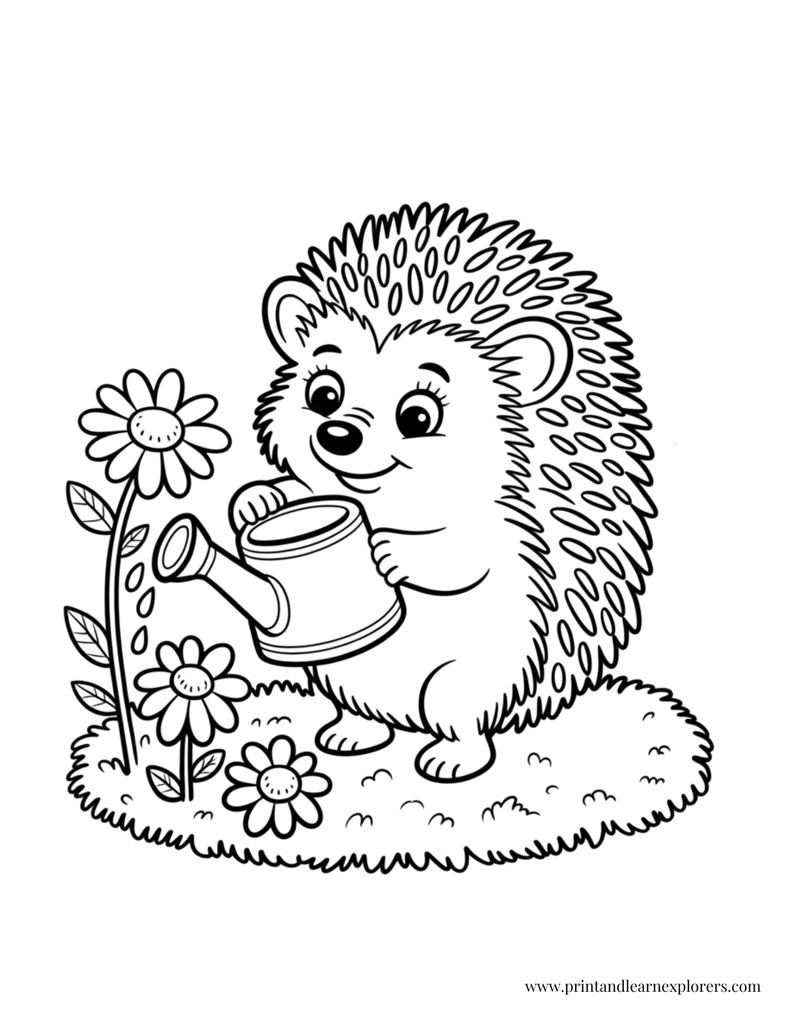 Hedgehog watering flowers coloring page
