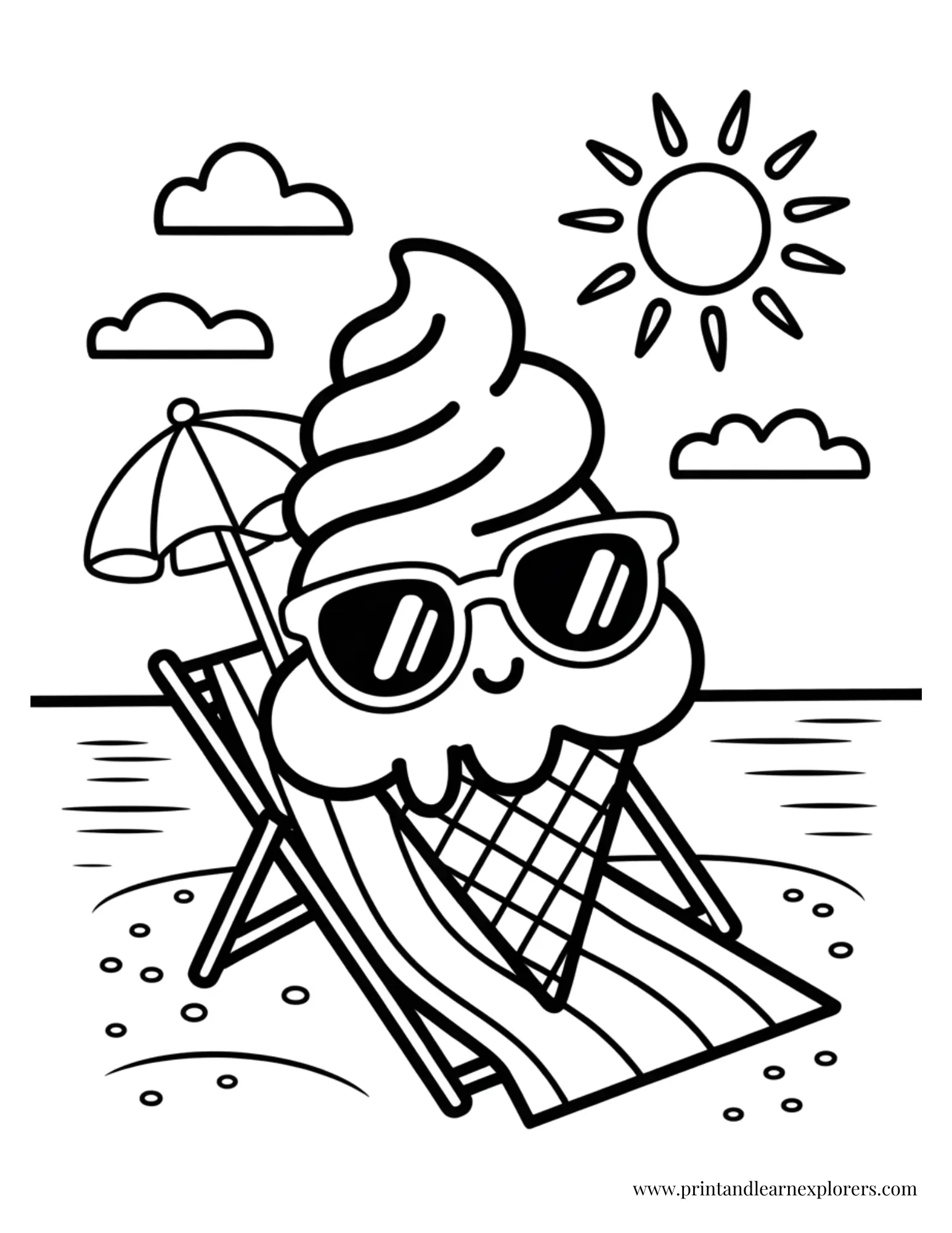 Ice Cream Cone Sunbathing on Beach Coloring Page