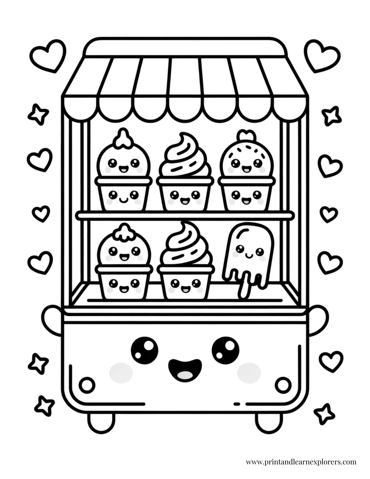 Ice Cream Display Kawaii Style Coloring Page