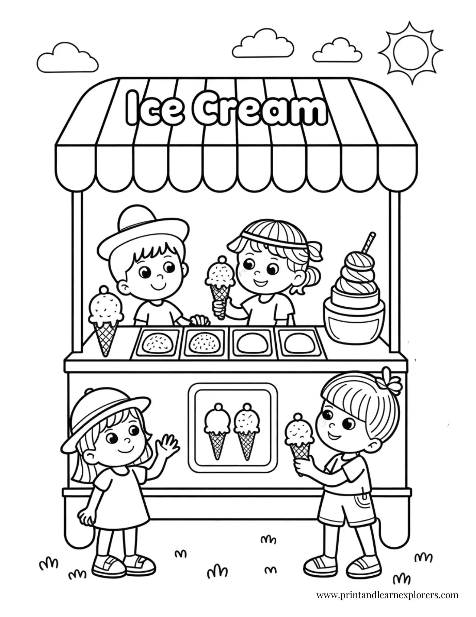 Ice Cream Stand with Children Coloring Page