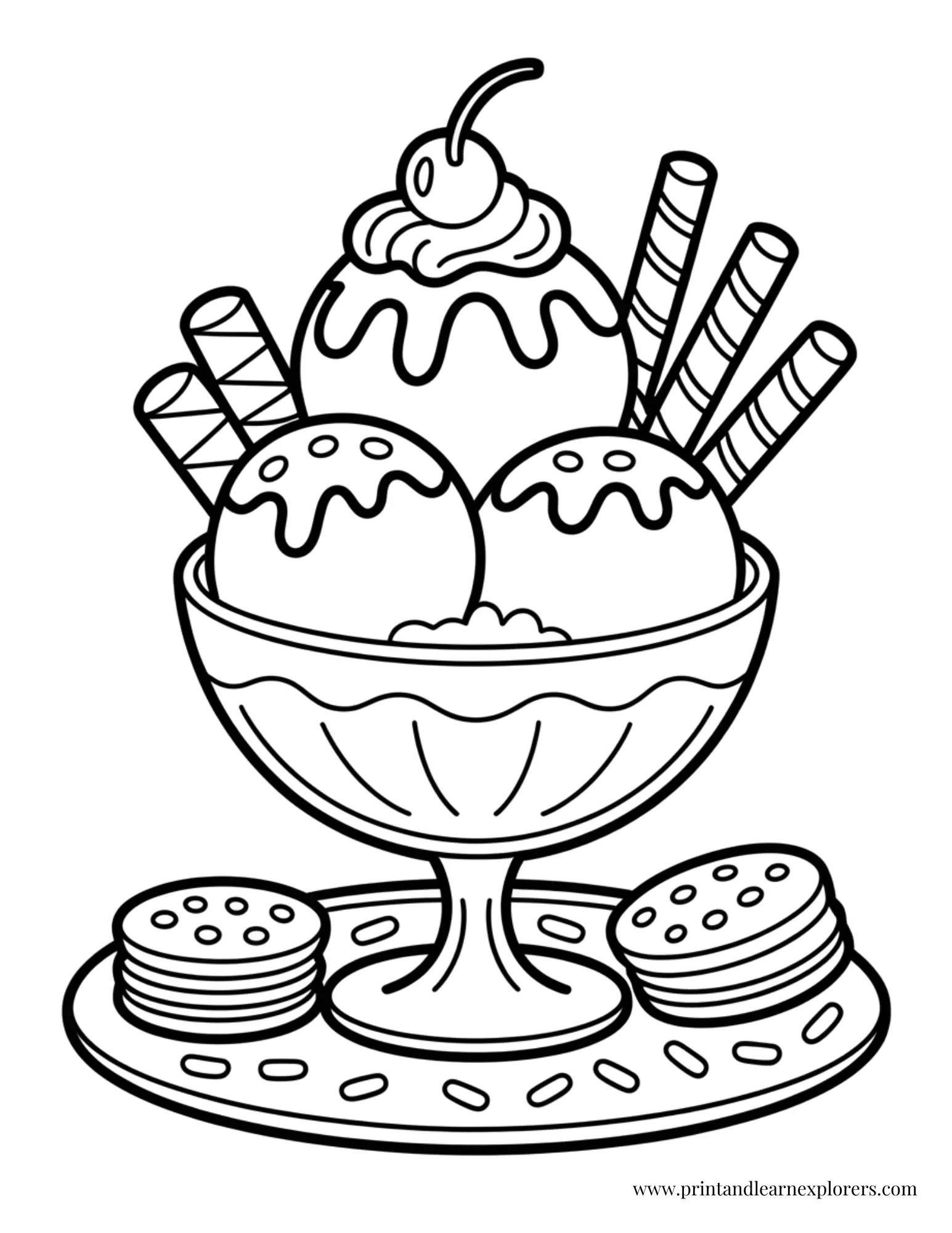 Ice Cream Sundae with Cookies Coloring Page