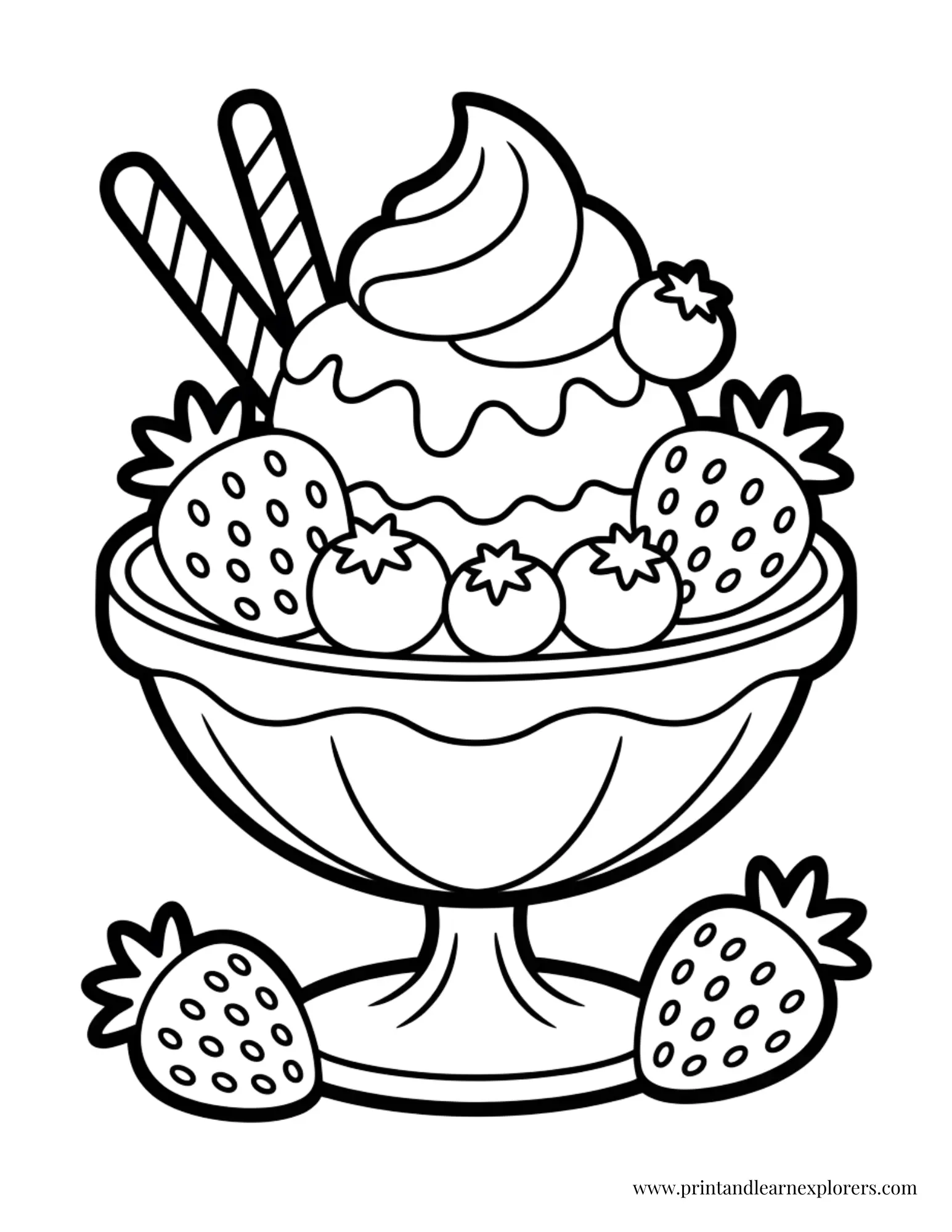 Ice Cream Sundae with Fruit Coloring Page
