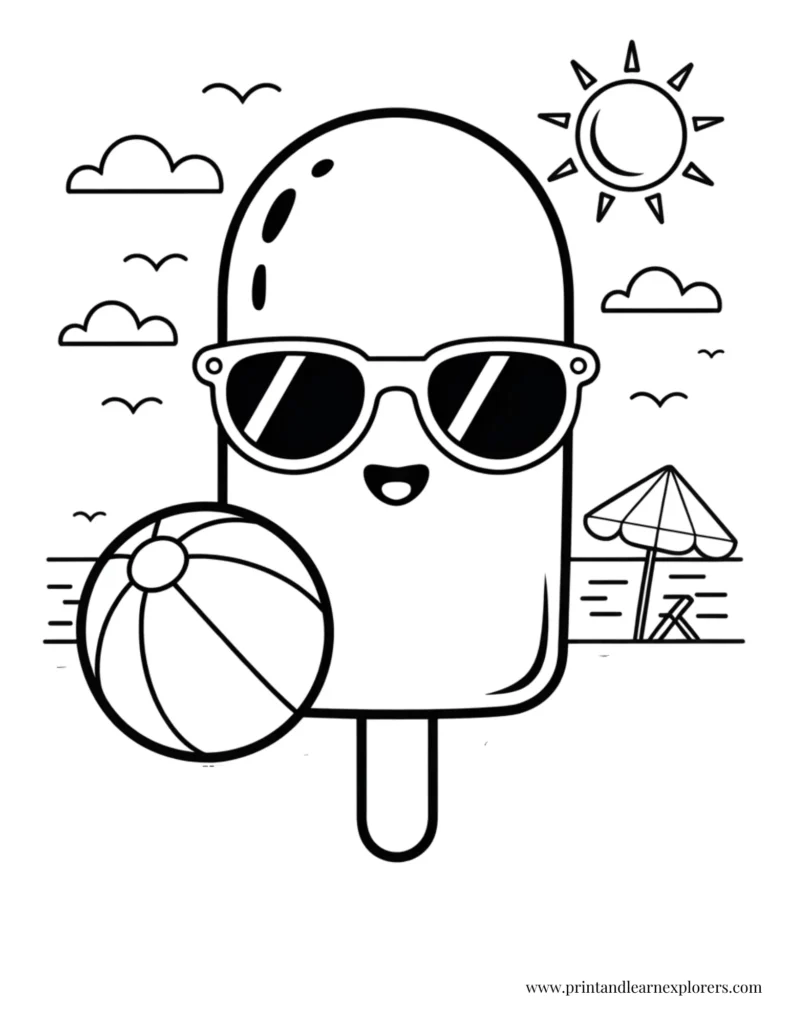 Ice Cream on Stick Enjoying the Beach Coloring Page
