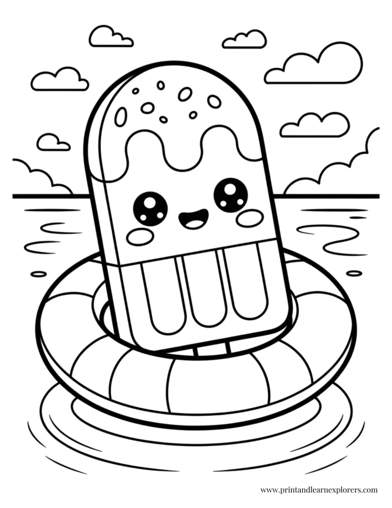 Ice Pop Floating in the Sea Coloring Page