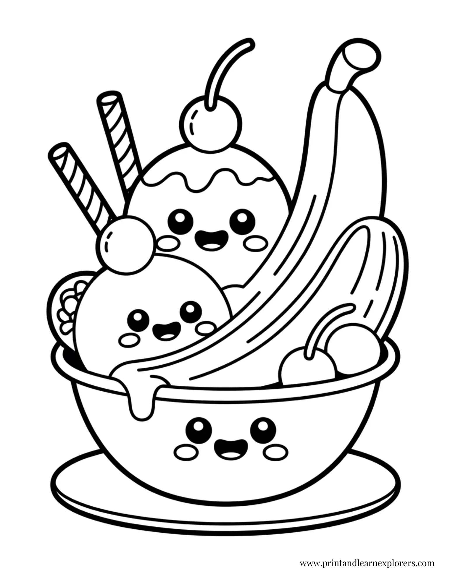 Kawaii Banana Split Ice Cream Coloring Page