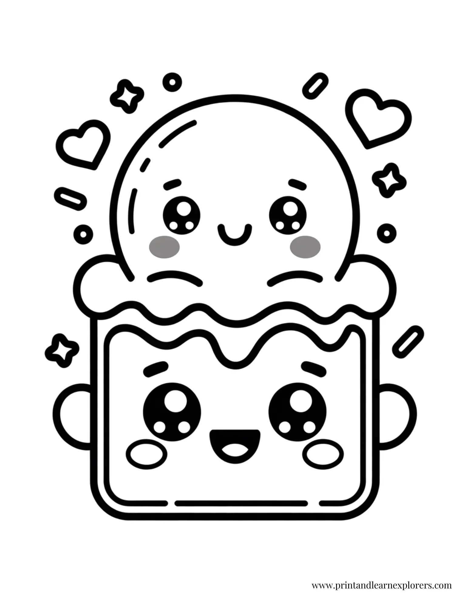 Kawaii Chocolate Brownie and Ice Cream Coloring Page