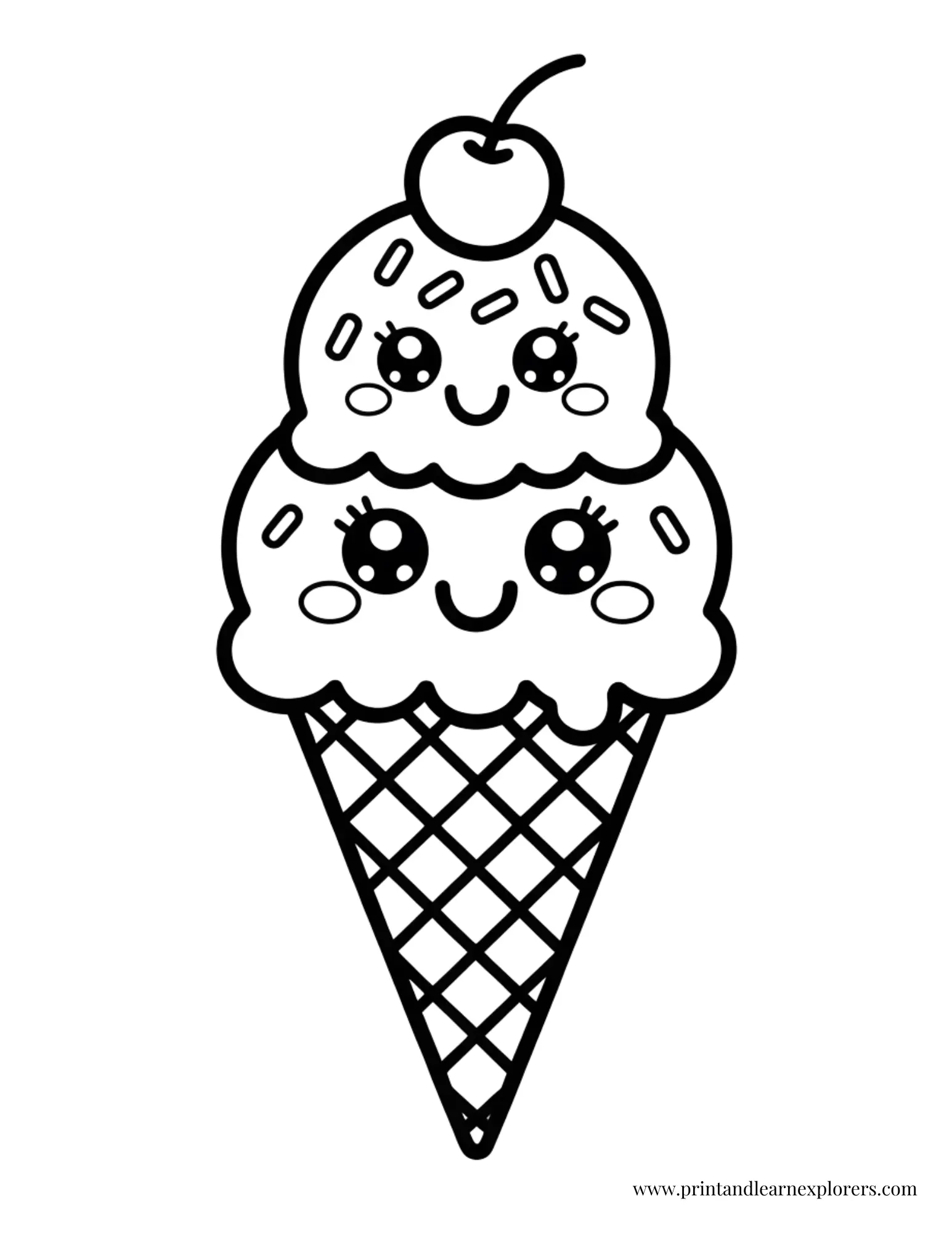Kawaii Double Scoop Ice Cream Cone Coloring Page