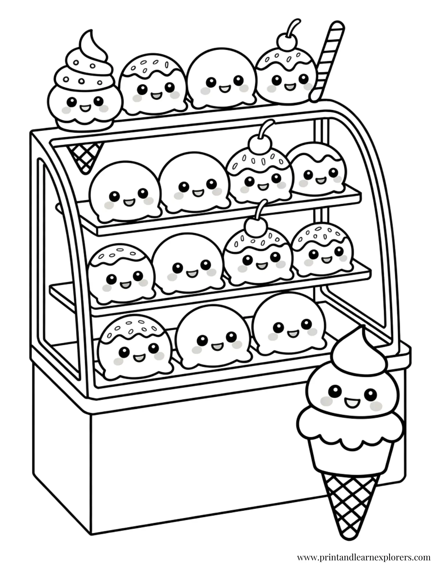 Kawaii Ice Cream Display Coloring Page