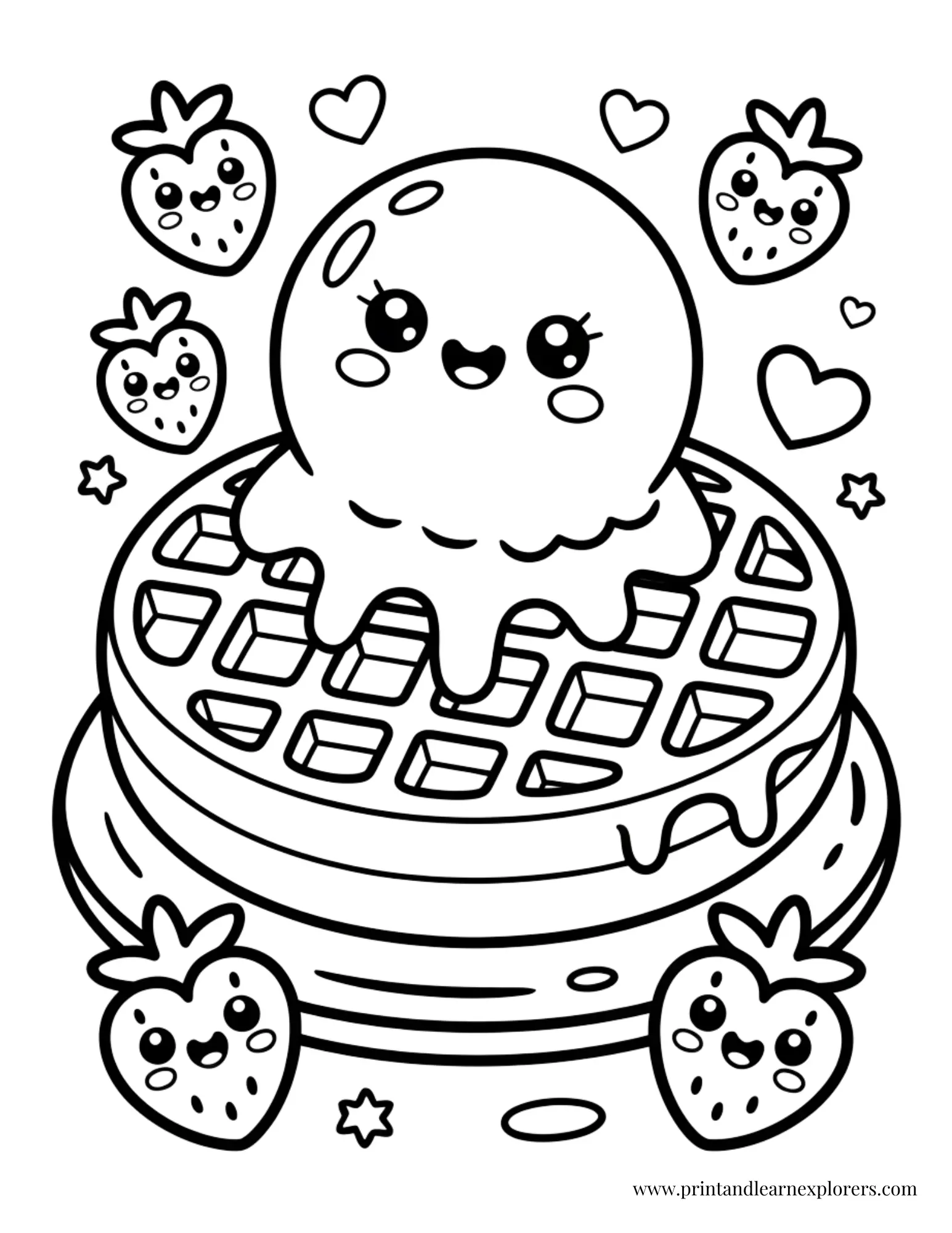 Kawaii Waffles and Ice Cream Coloring Page