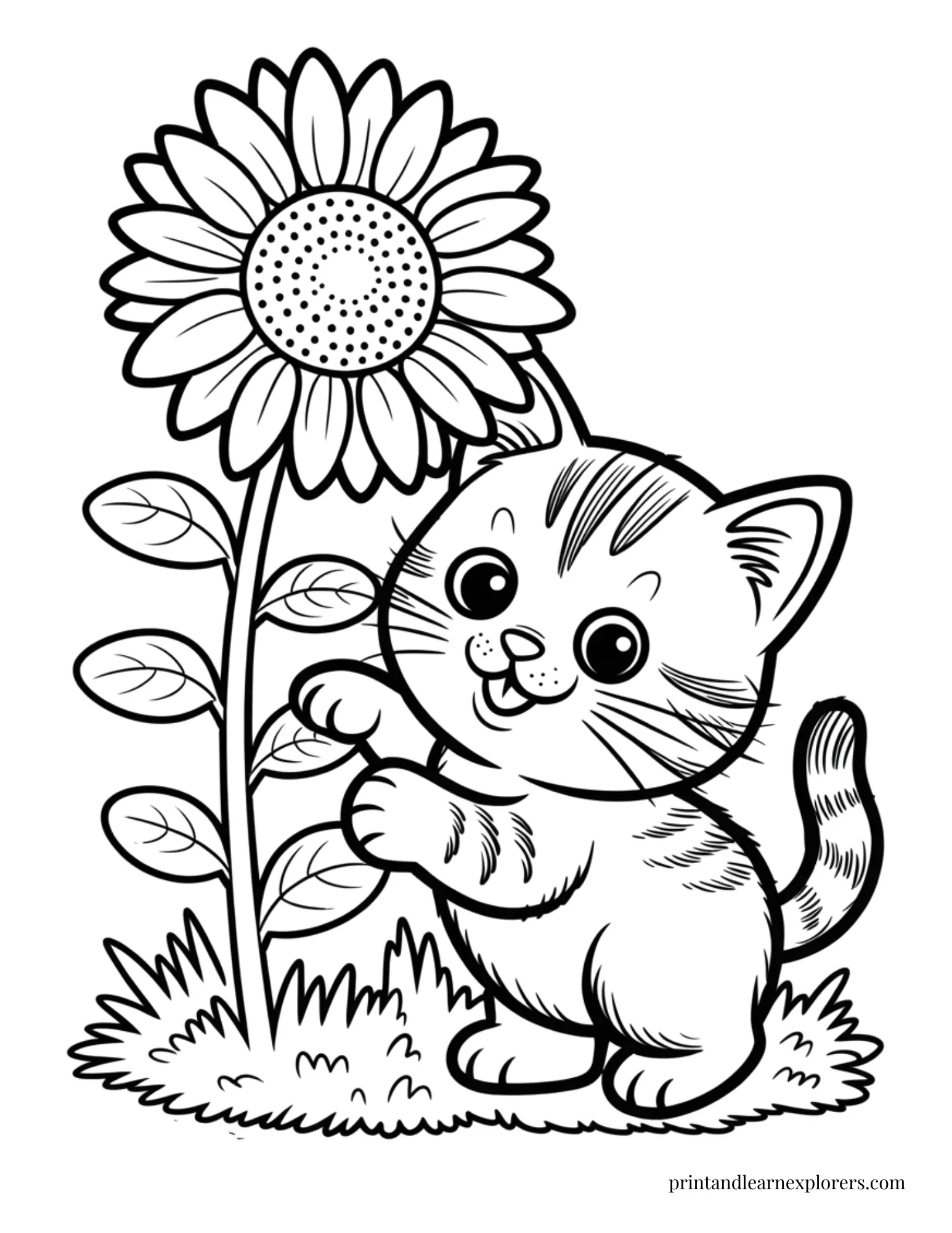 Kitten playing with a sunflower coloring page