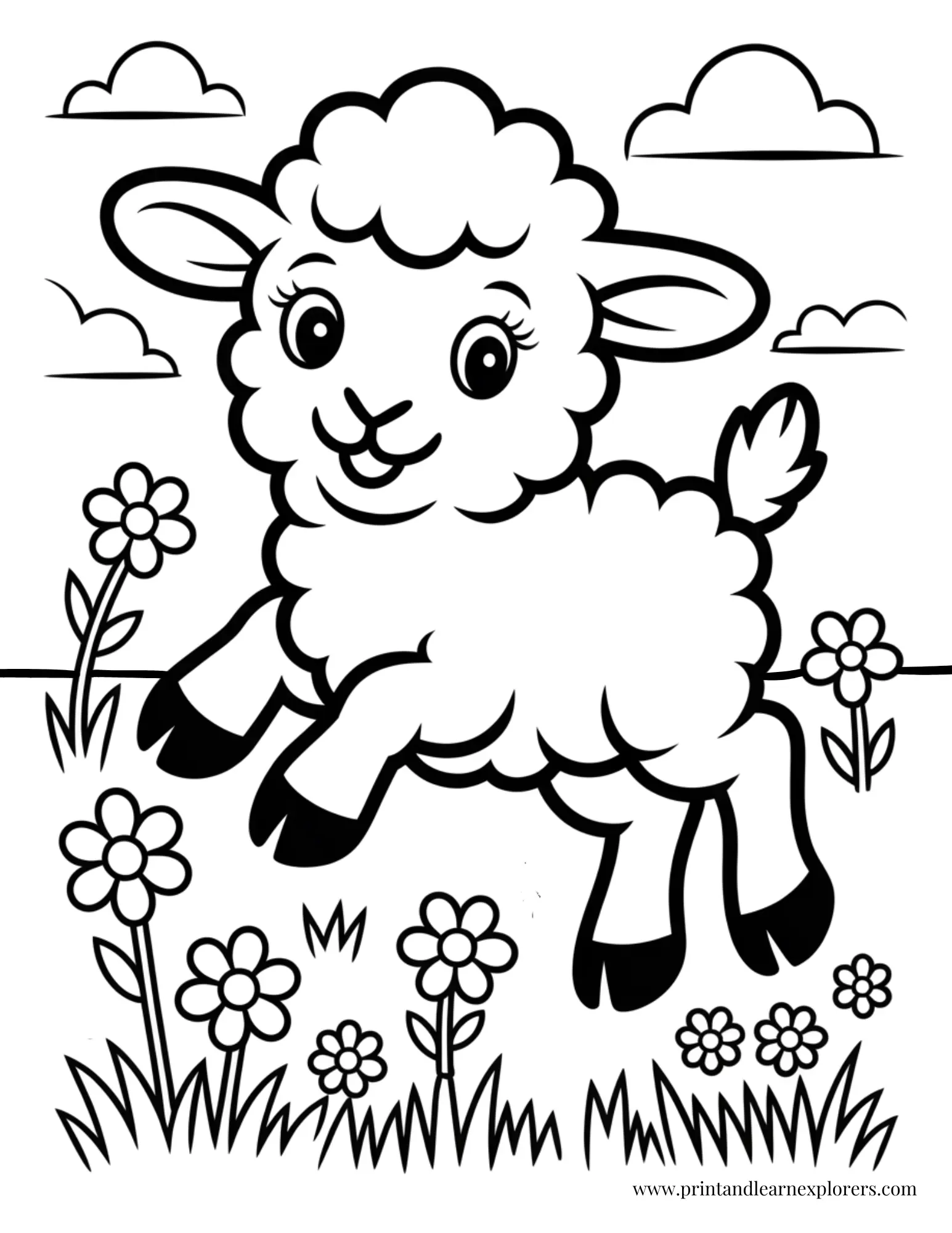 Lamb Jumping In Meadow Coloring Page