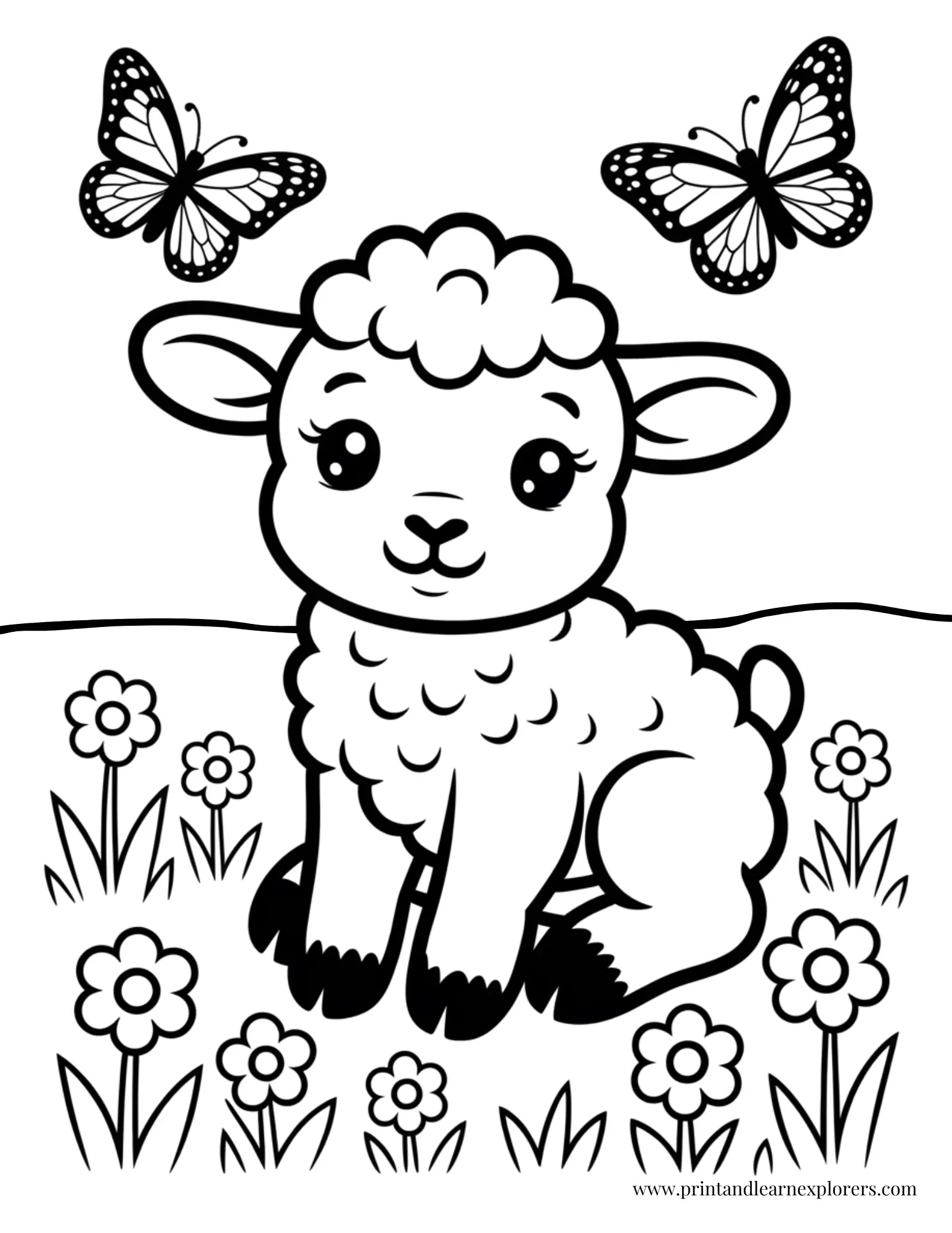 Lamb Sitting With Butterflies Coloring Page