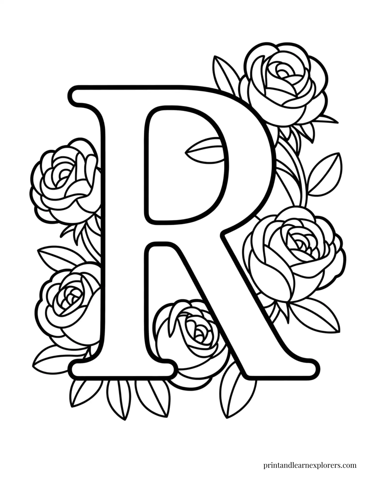 Letter R with Roses Coloring Page