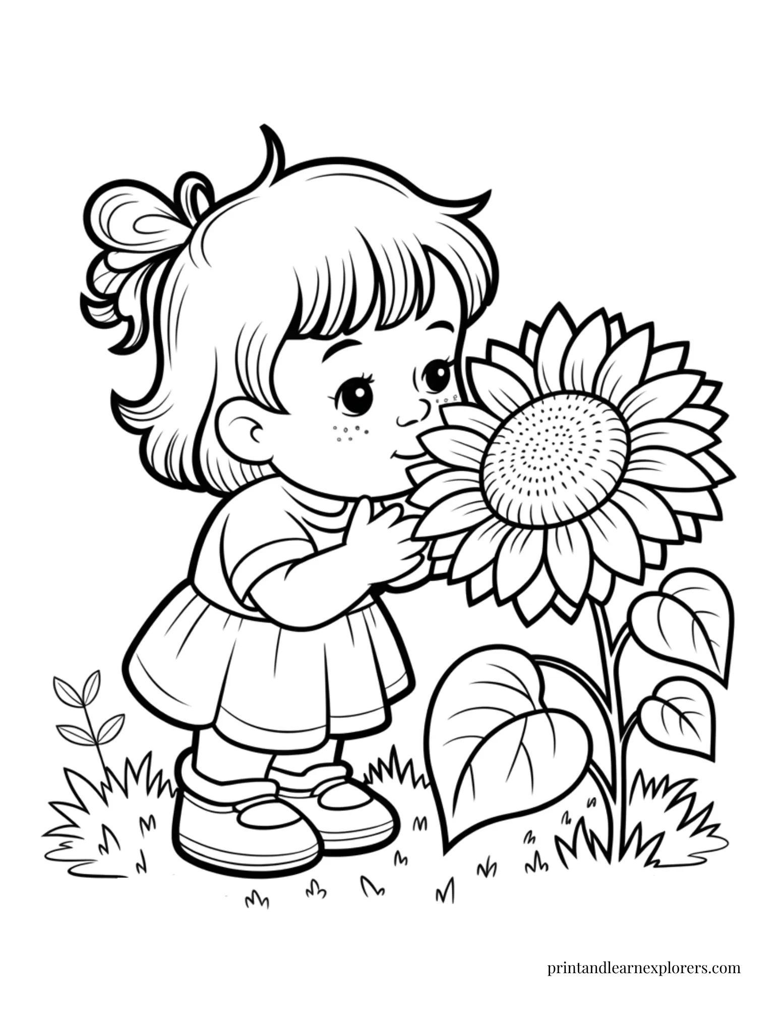 Little girl smelling the sunflower coloring page