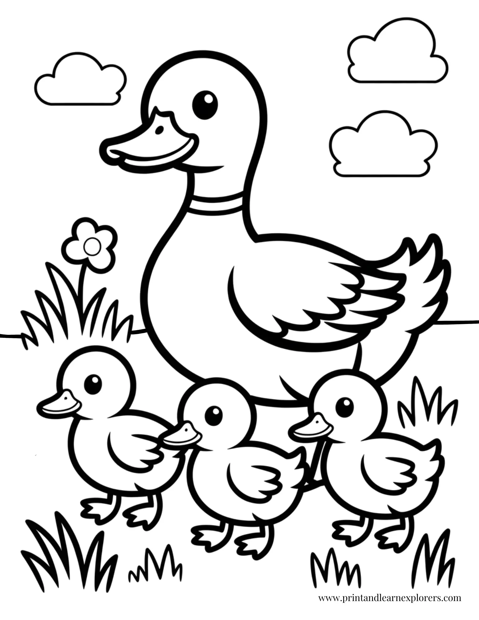 Mother Duck With Three Ducklings Coloring Page