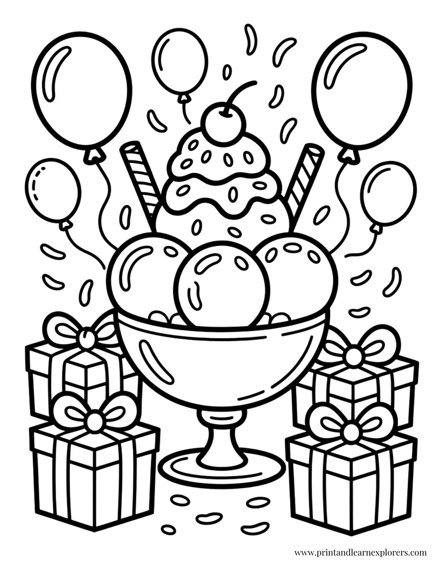 Party Ice Cream and Presents Coloring Page